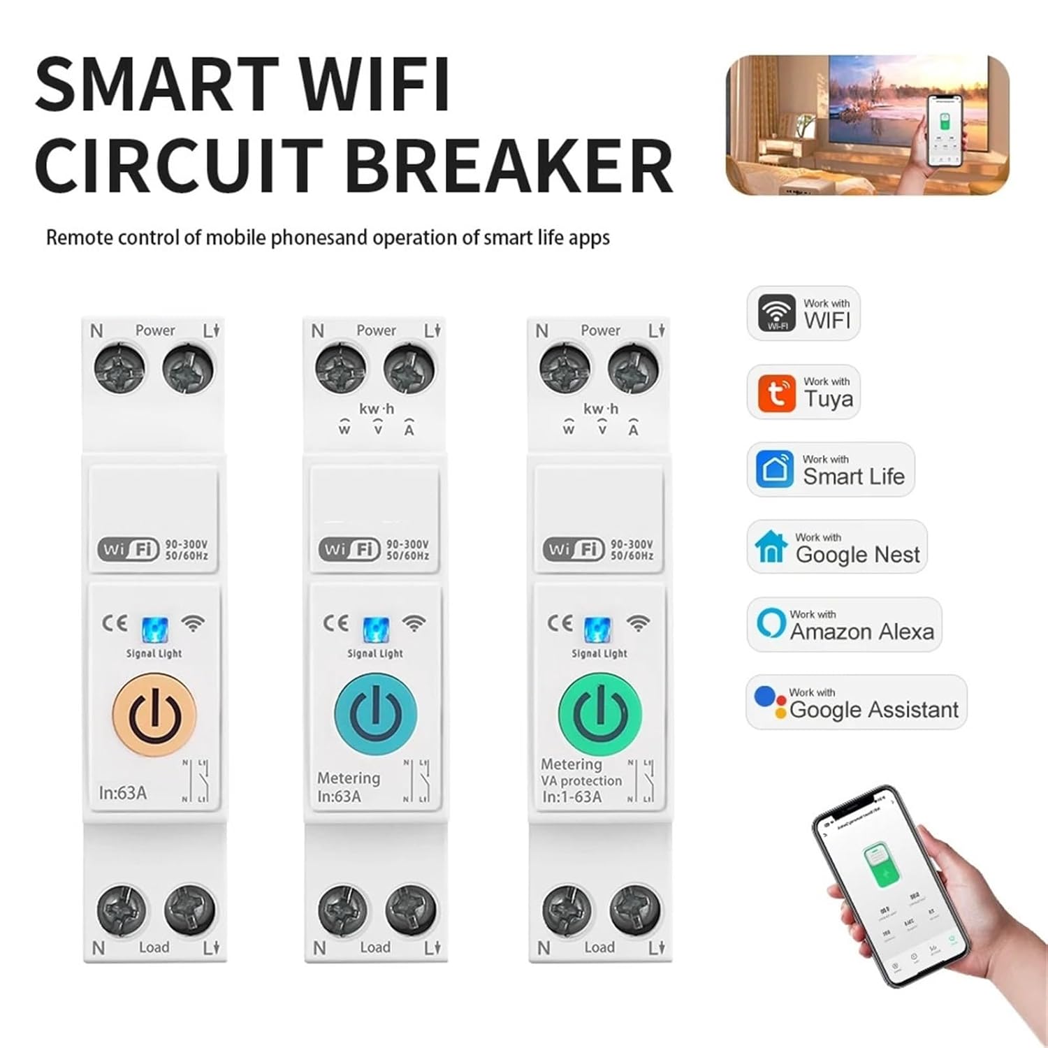 Smart WiFi Circuit Breaker 63A DIN Rail Remote Control Switch with Metering - Voice-Activated Home Automation(DGB-63T No metering,32A)