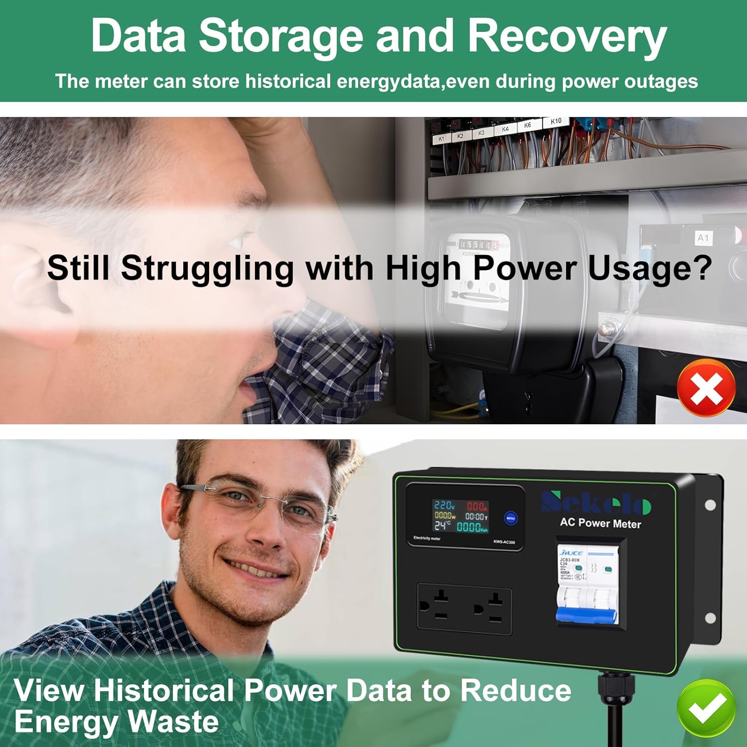 15A AC Power Meter, 125V Digital Multimeter Tester, NEMA 5-15P to NEMA 5-20R Outlet Monitor with 10FT 14AWG Cable and 20A Circuit Breaker, Real-Time Voltage, Current, Power, and Energy Monitoring