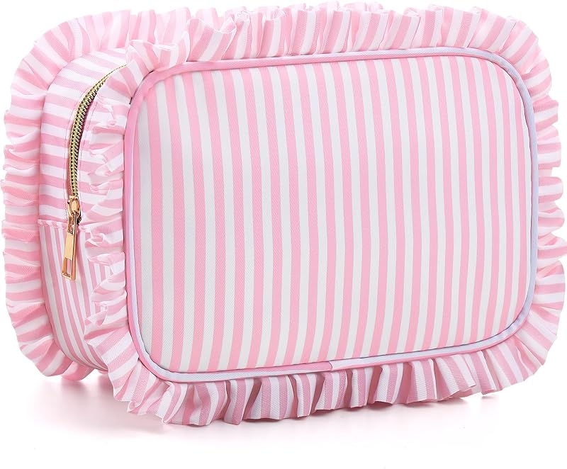 Necessaire de maquiagem Kigeli com babados, listrada rosa, nylon, 22,9 x 15,5 x 4 cm