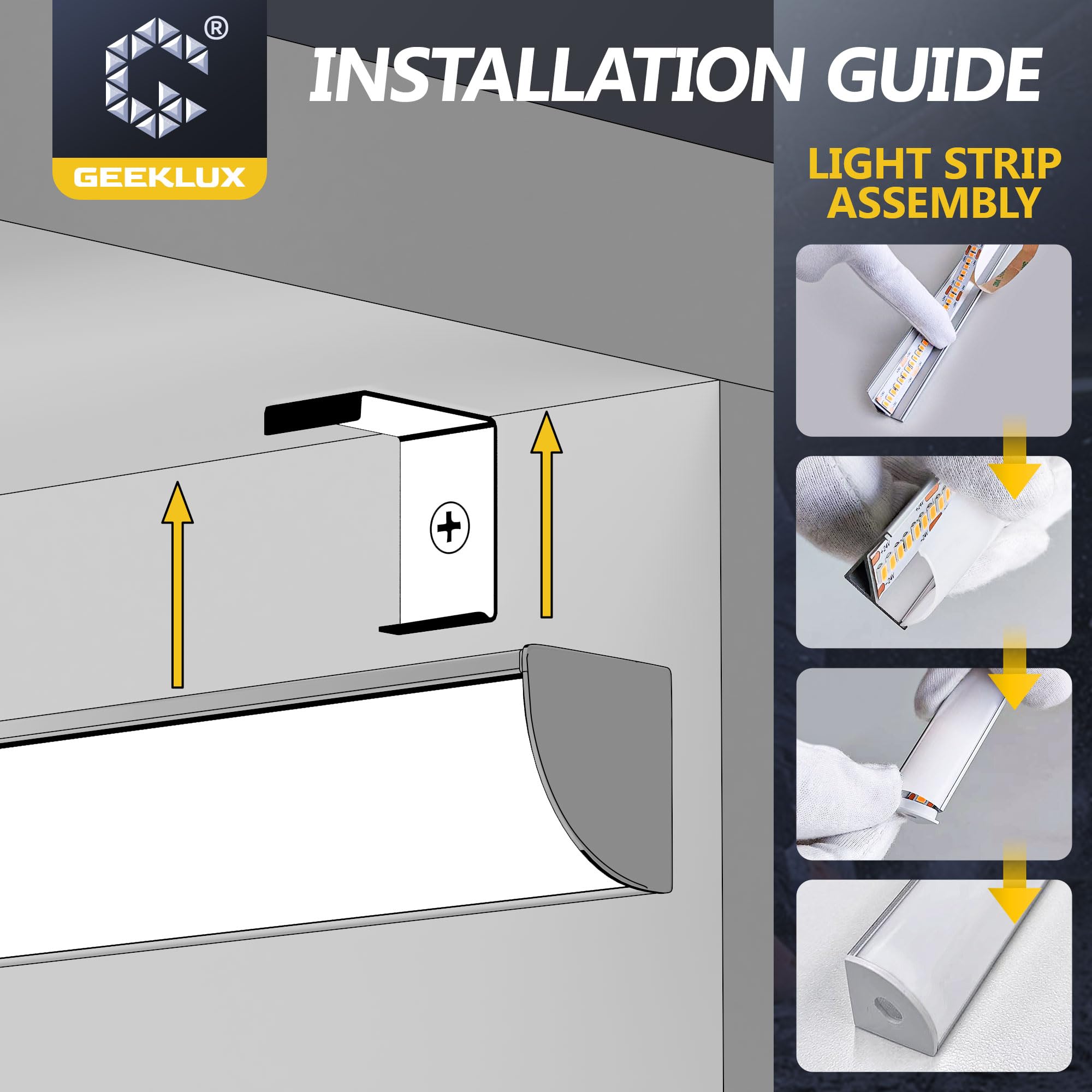 GEEKLUX 6 x Profilo Angolare Led da 1 mt Pofili in Alluminio a V per strisce LED fino a 10 mm, binario LED a 90 gradi, Dimensioni 15,8 x 15,8 mm Con diffusore LED, ideale per Soffitti, Scale e Angoli