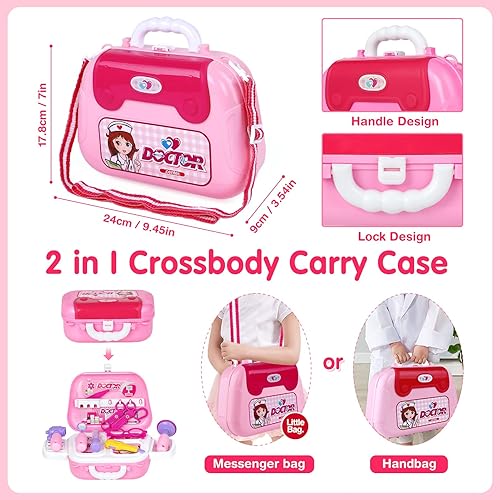 Miniatura 7 de Kit de médico para niños, kit de doctores rosa para niños, 22 piezas, regalo de juego de doctor para niños, juego de juguetes médicos con juego de