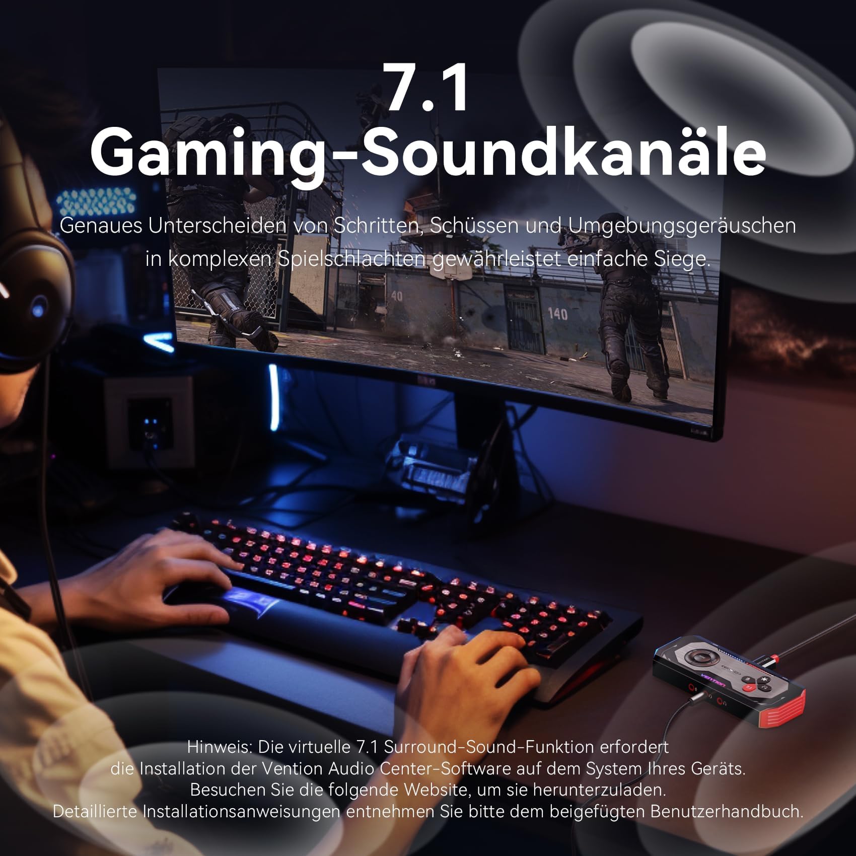 VENTION 7.1 Karta dźwiękowa USB do gier, 7.1, wirtualny dźwięk przestrzenny, 24 bit/192 kHz, system światła RGB, wzmacniacz audio, kompatybilny z PS5, PS4, Xbox One, Nintendo