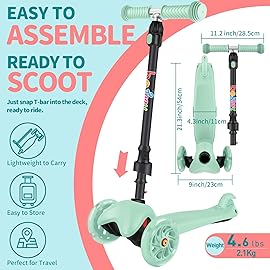 BELEEV A1 Scooter for Kids Ages 2-6, 3 Wheel Scooter for Toddlers Girls Boys, PU Light-Up Wheels, 4 Adjustable Height, Lean to Steer, Non-Slip Deck, Three Wheel Kick Scooter for Children (Mint Green)