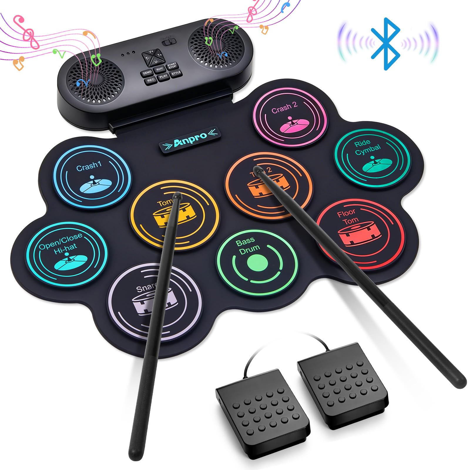 Anpro Elektronisches Schlagzeug-Set, 9 Trommelpads mit Dual-Stereo-Lautsprechern, Rollbares Drumkit mit Pedalen & Sticks, Kopfhörer/Bluetooth/MIDI Unterstützung, Geschenk für Kinder & Anfänger
