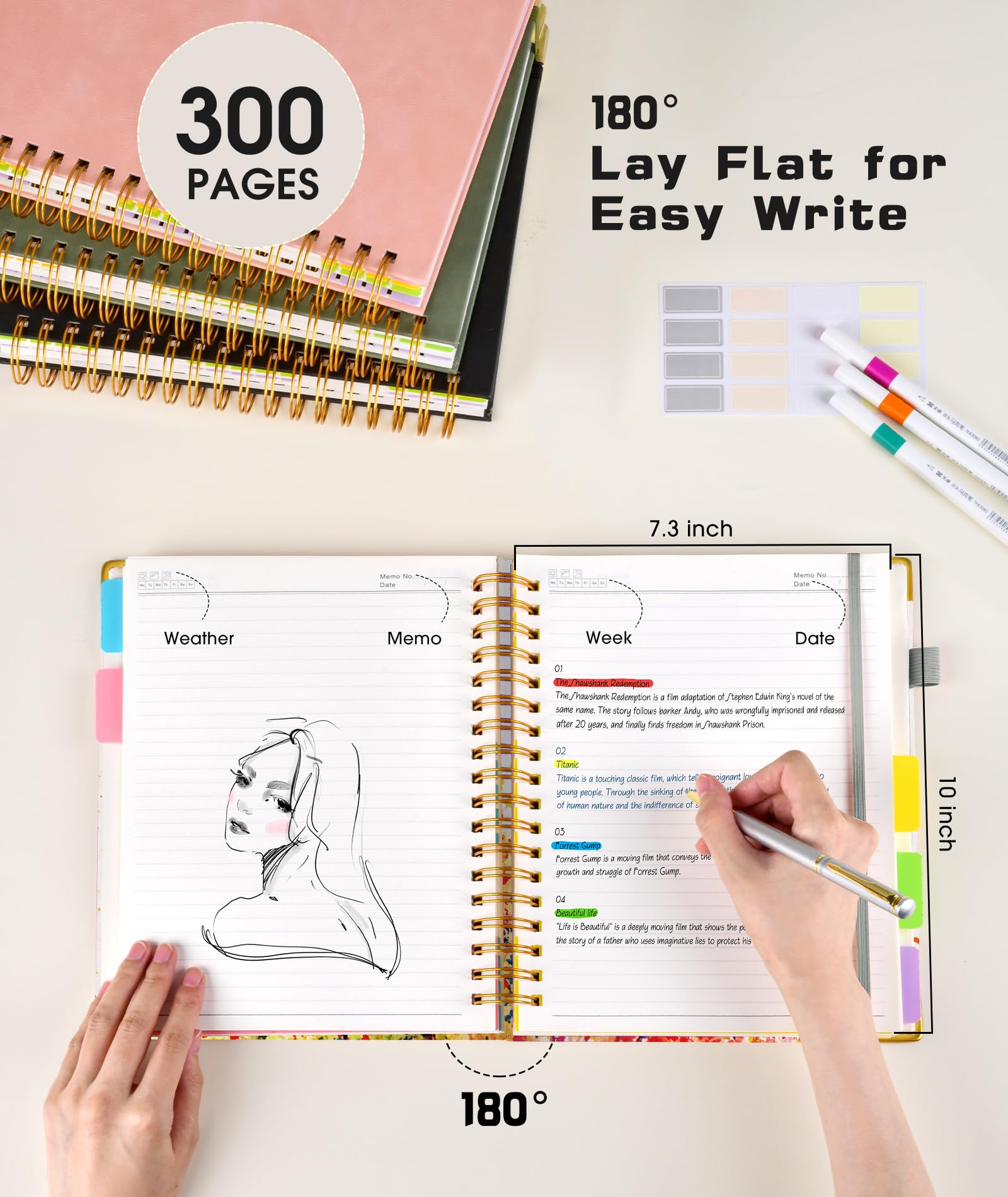 Carnet à spirale à couverture rigide avec onglets amovibles - 300 pages - 5 sujets - 100 g/m² - Pour le travail et l'école - Journal ligné pour femme - Arbre de vie coloré