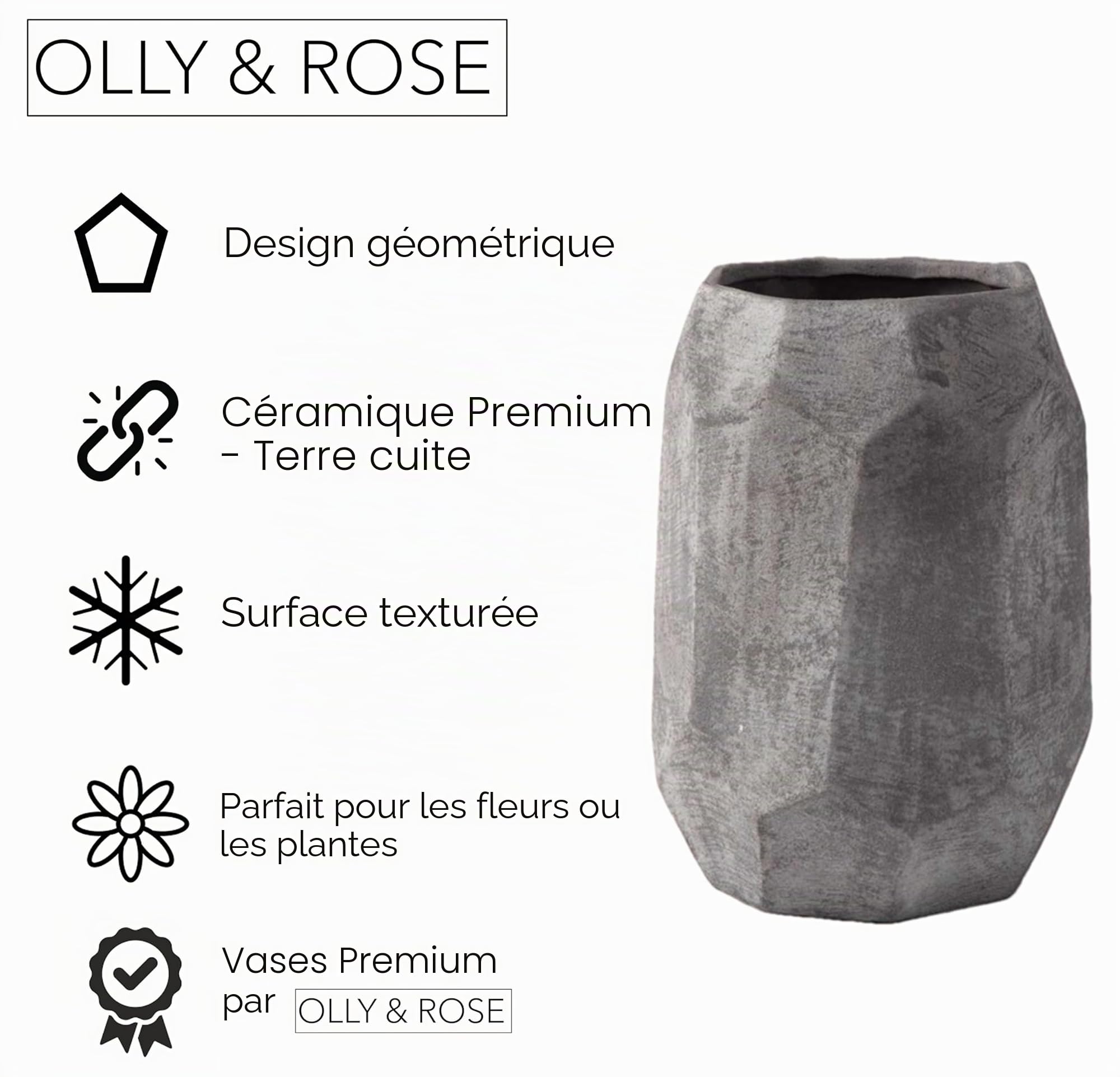 Leon Vase géométrique en céramique – Gris texturé 34 cm de hauteur – Vases modernes