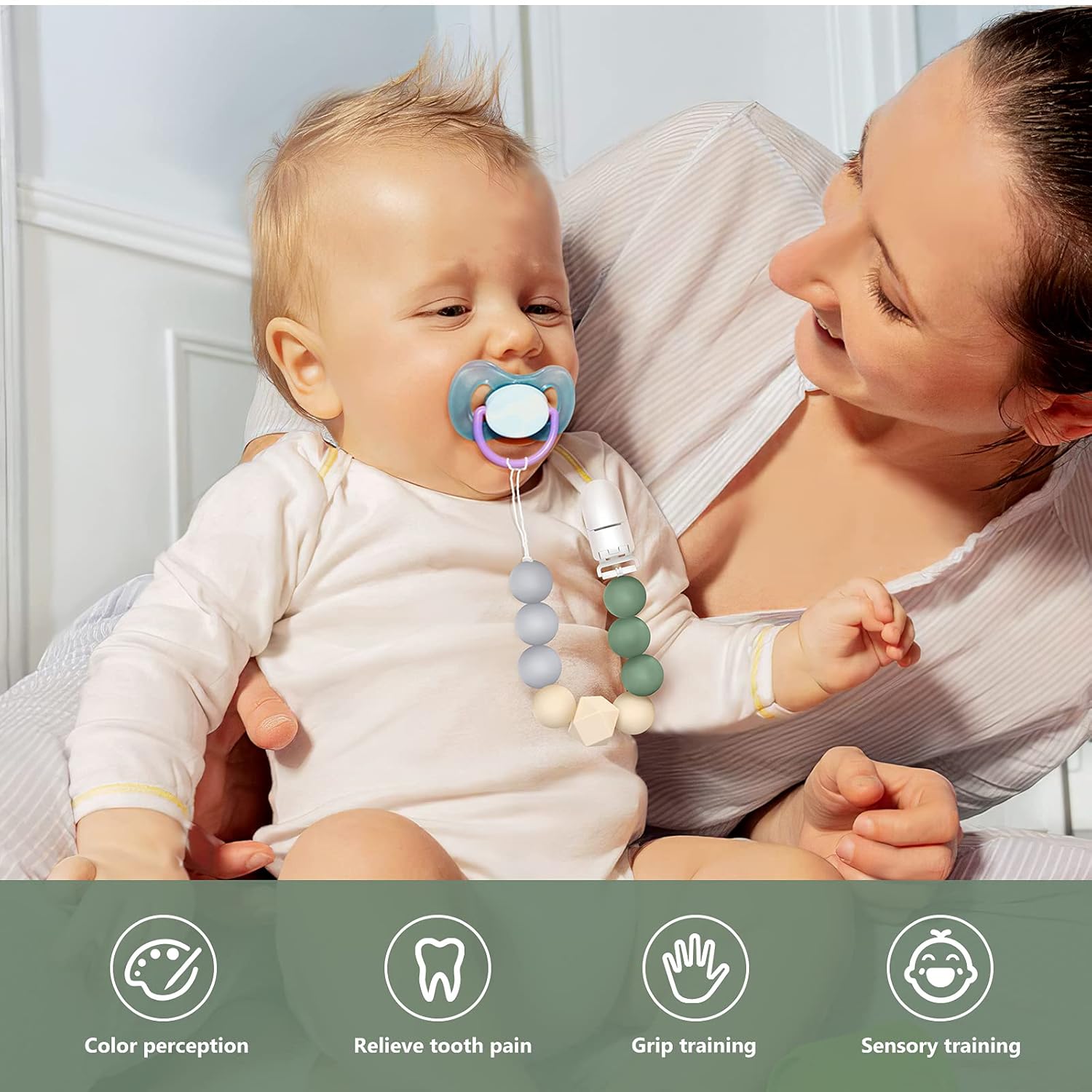 Paci Clip Holder Soothie Binkie Clips, Silicone Teether Clip Toy Baby Pacifier Leashes & Cases Pacifier Clip Soothie for Baby, 2 Pack Pacifier Holder Clip (Drak Green, Bluish Grey) : Baby