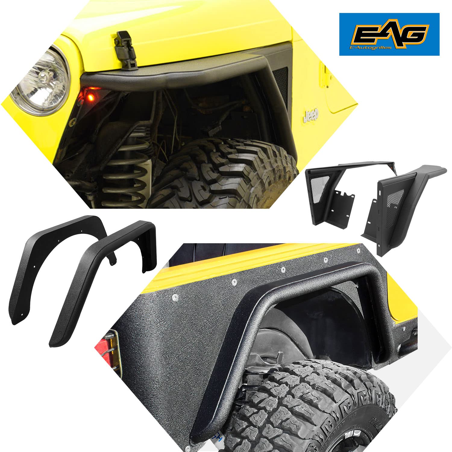 Buy EAG Black Tube Front Fender Flare and Rear Fender Combo Compatible