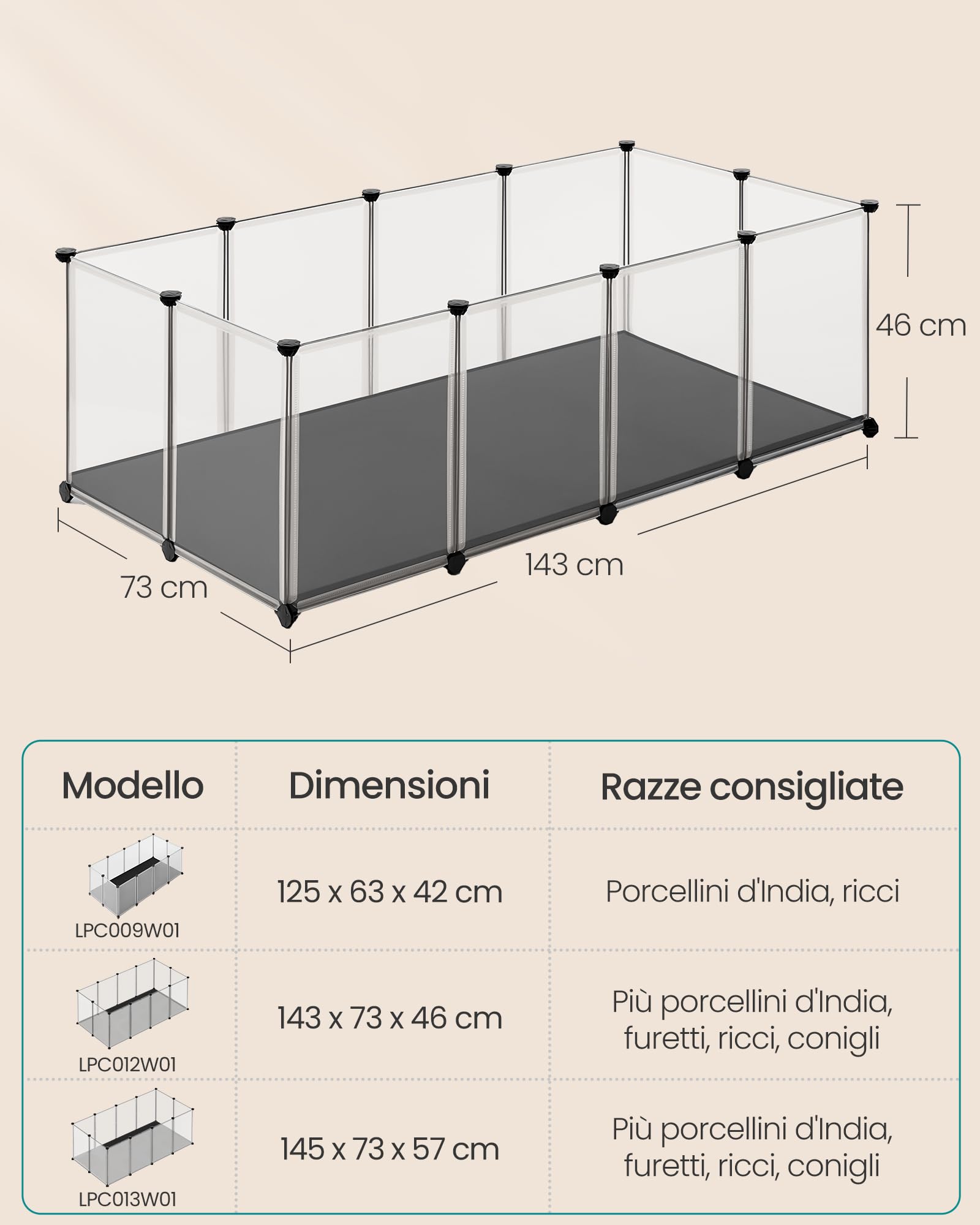 SONGMICS Recinto per Animali con Fondo e Tappeto Impermeabile e Rimovibile, Recinzione per Animali Piccoli, per Criceti, Conigli, Ricci, Porcellini d’India, 143 x 73 x 46 cm, Bianco LPC012W01