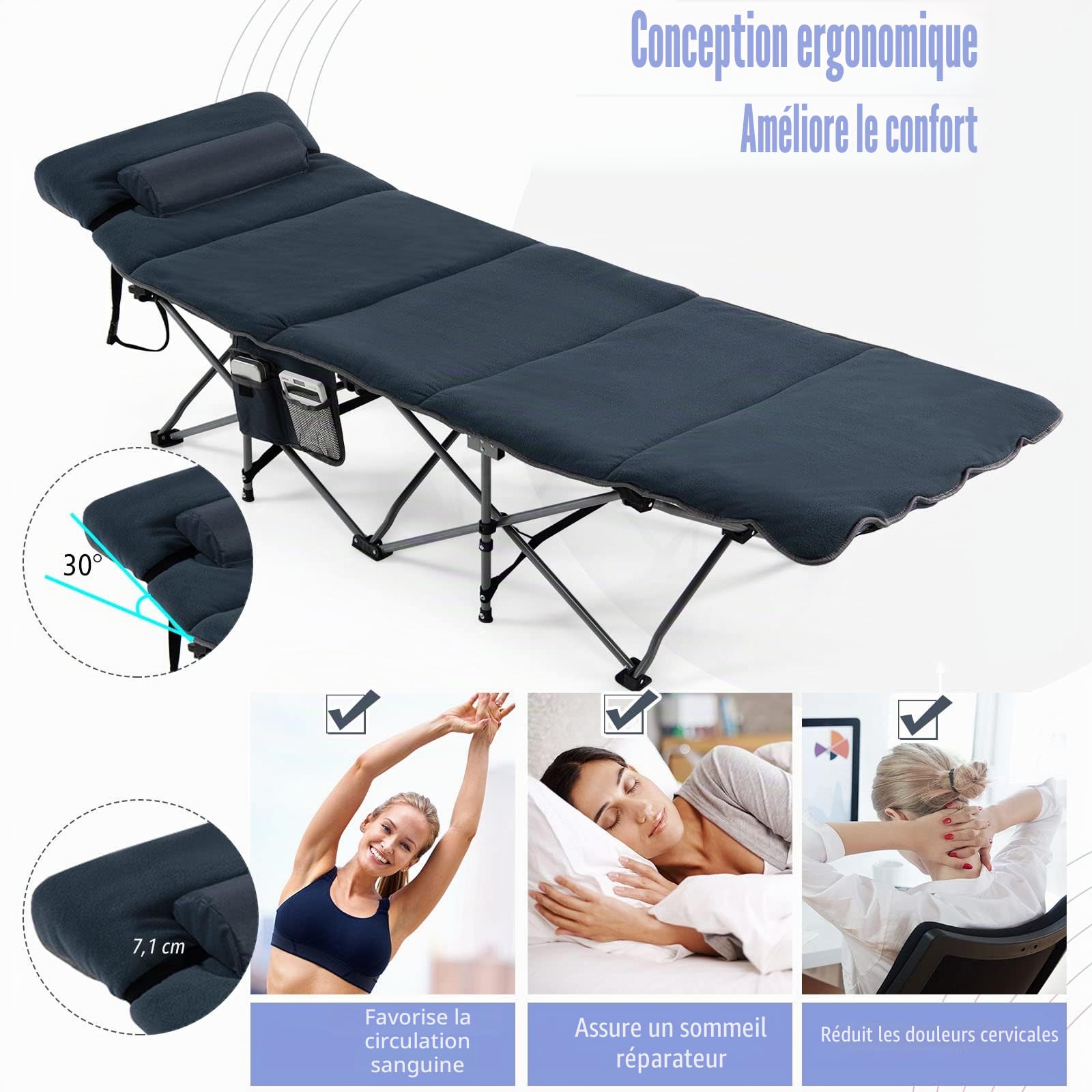LIFEZEAL Lit de Camp Pliable avec Sac de Transport, Lit d'Extérieur Portable avec Matelas et Oreiller Amovibles, Lit de Plage Charge Max 150 KG, 191 x 68 CM