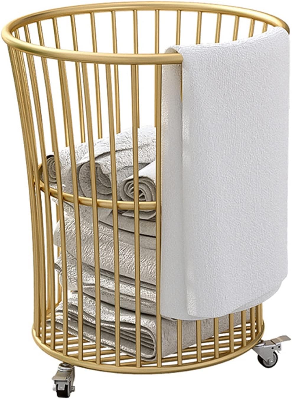 Rolling Laundry Hamper with Wheels,Metal Cart Basket Clothes Storage Organization Bin for Living Room,Bathroom,Bedroom or Kids Bedroom,Gold