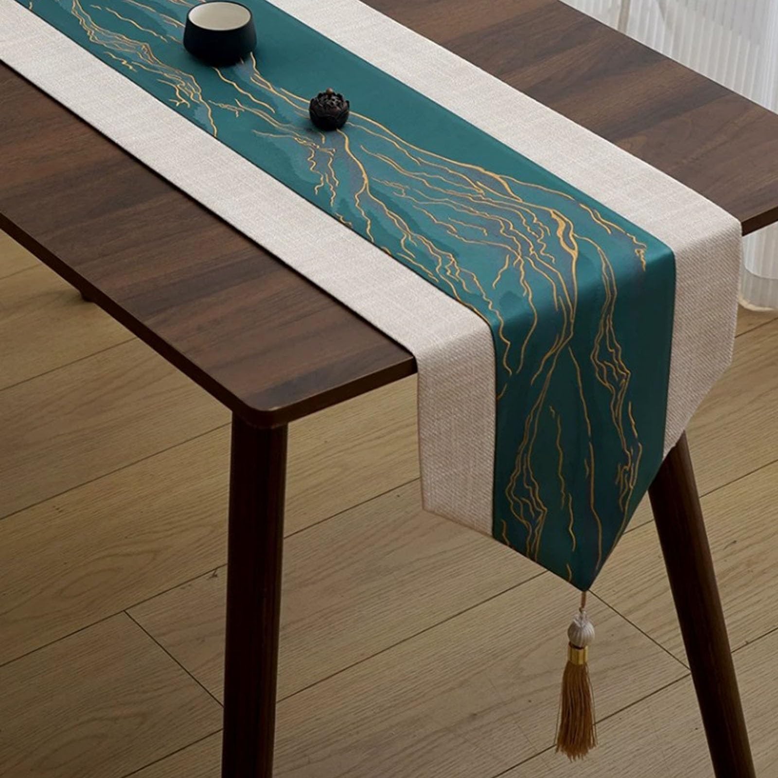 New Chinese Zen Table Runner, High Density Landscape Jacquard Cotton Linen Scarf With Exquisite Tassels, Decor For Dining Table, Tea Table & TV Cabinet(Green,280cm/110.2in)