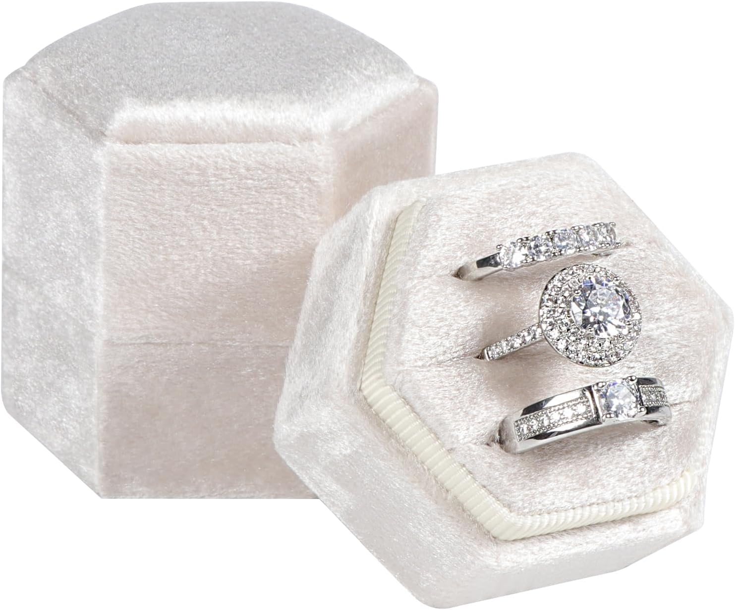 sovia Velvet Ring Box 3 Slots, Wedding Hexagon Engagement Ring Box for Proposal Engagement Wedding Day Bridal Photo