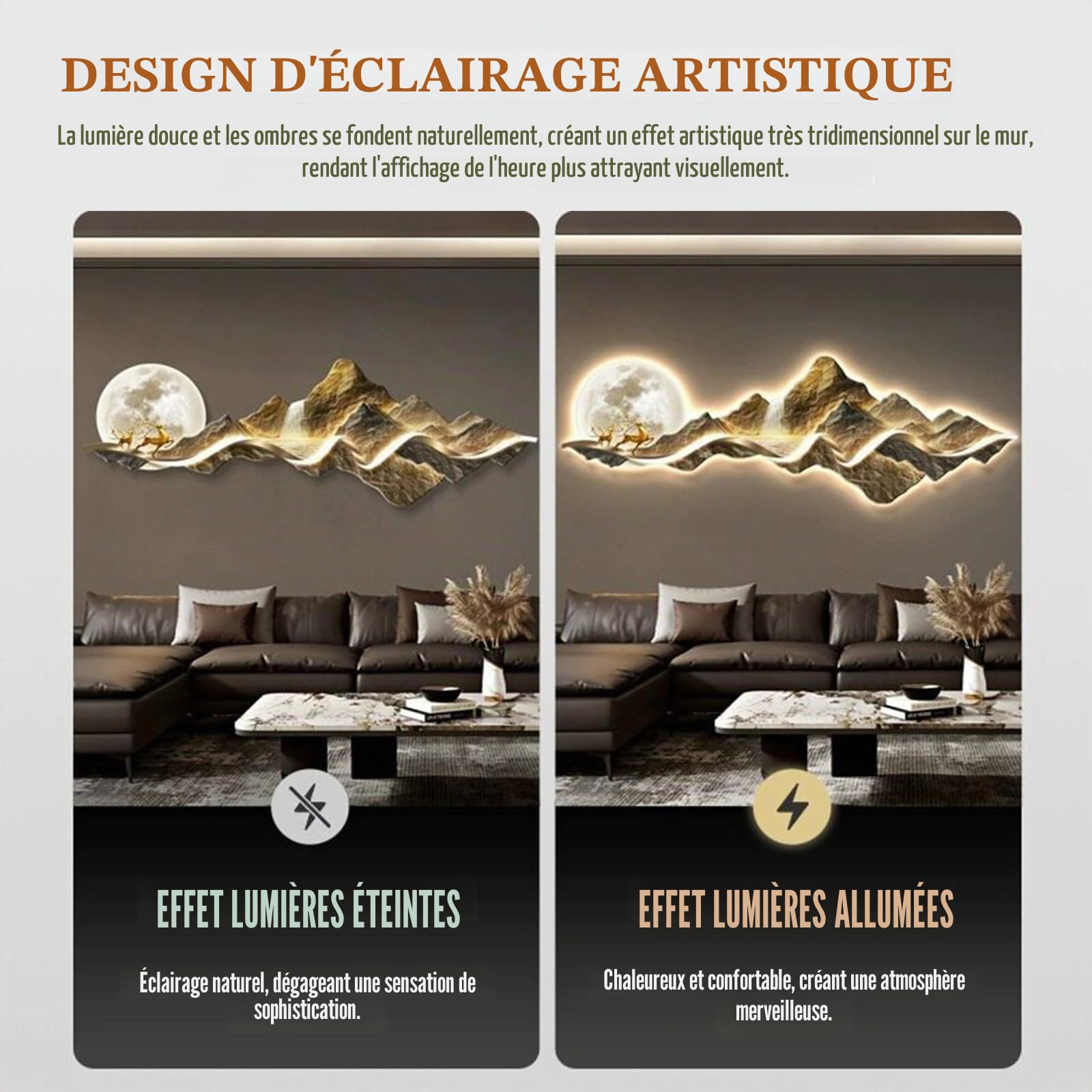 Horloge Murale Design Moderne avec LED, Grande Sculpture Murale 3D, Sculptures Murales Créatives De Paysage, Mouvement Silencieux sans Tic-tac, pour Salon, Chambre, Bureau, Couloir, Entrée
