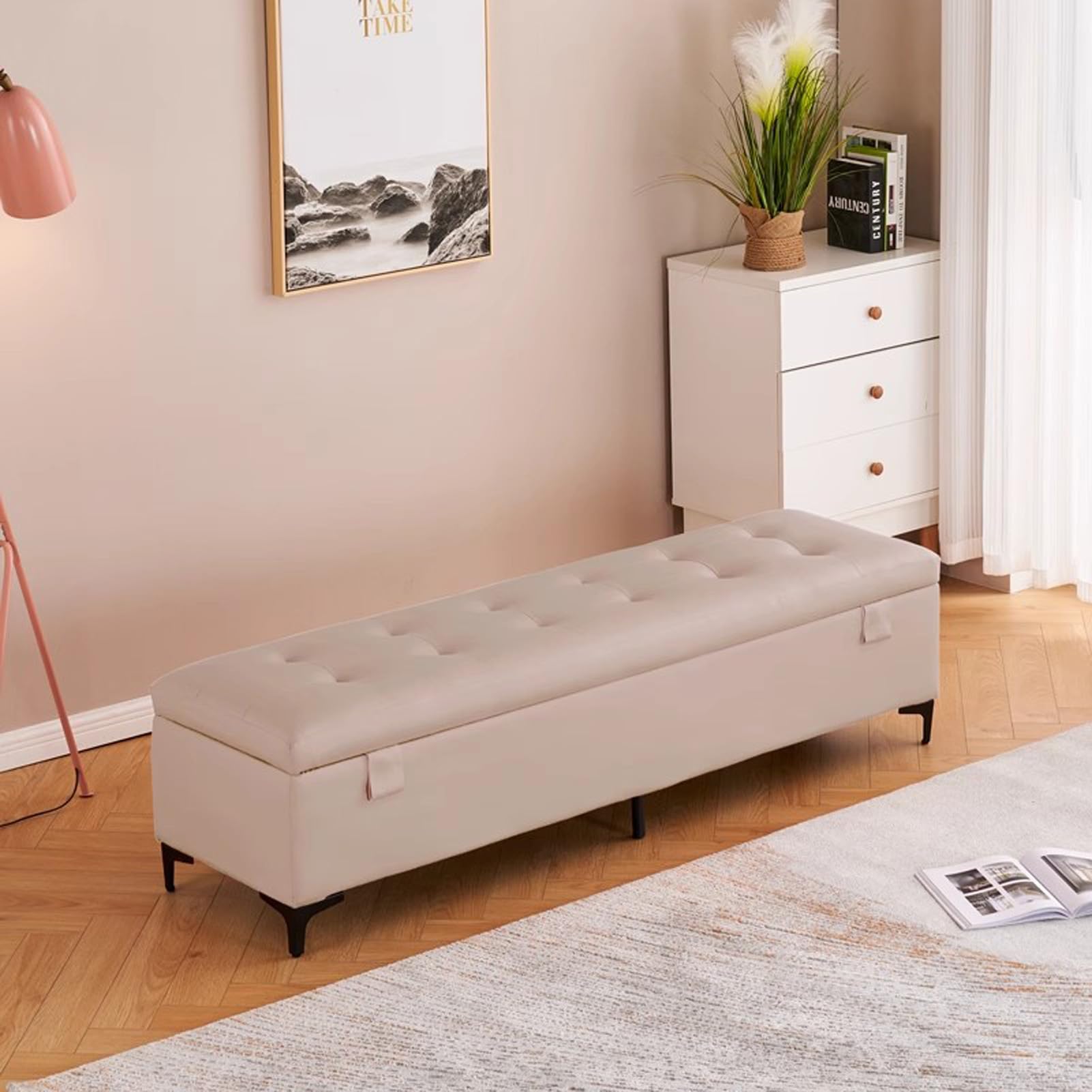 Banco otomano de Cuero con almacenaje - Baúl Acolchado para Entrada y al pie de la Cama con Cerradura, Elegante Organizador para Sala de Estar y baño, Mueble versátil para la decoración del