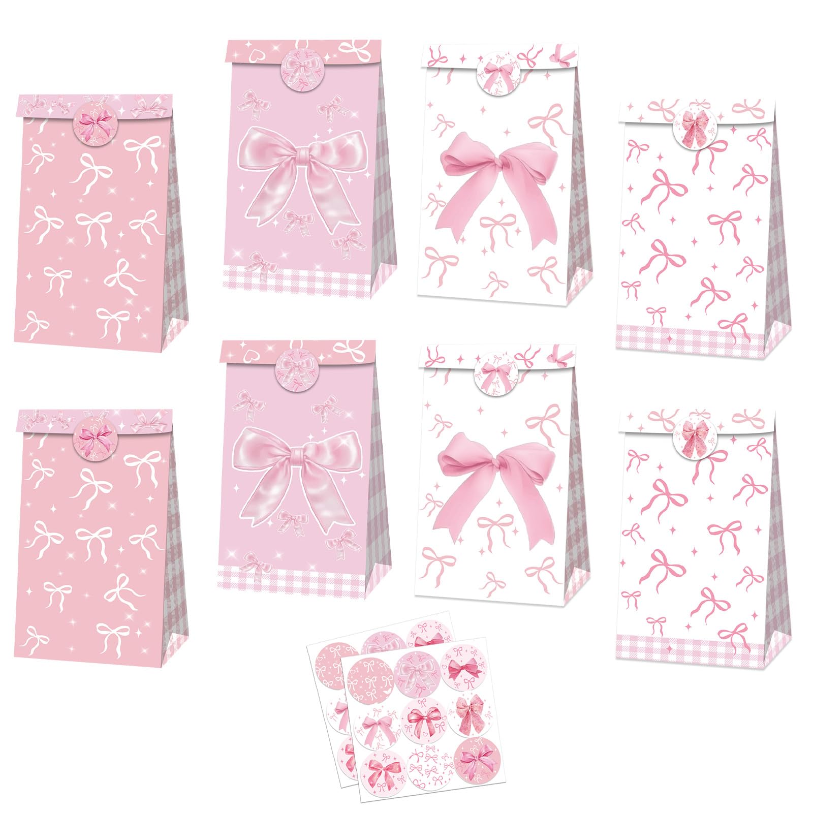 MORAINJAY 12 Pcs Pink Bow Party Bags, Pink White Coquette Paper Gift Bags, Ribbon Bow Favor Goodie Bag, Girl Bachelorette Birthday Party Decorations, with 18 Stickers