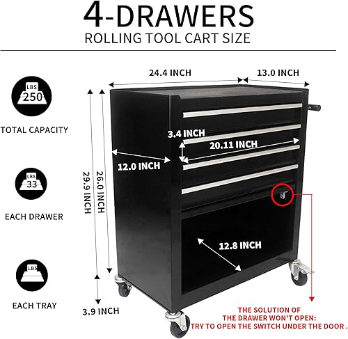 Miniatura 4 de Carrito de herramientas de 4 cajones sobre ruedas, caja de herramientas rodante, carrito de servicio industrial resistente, organizador de