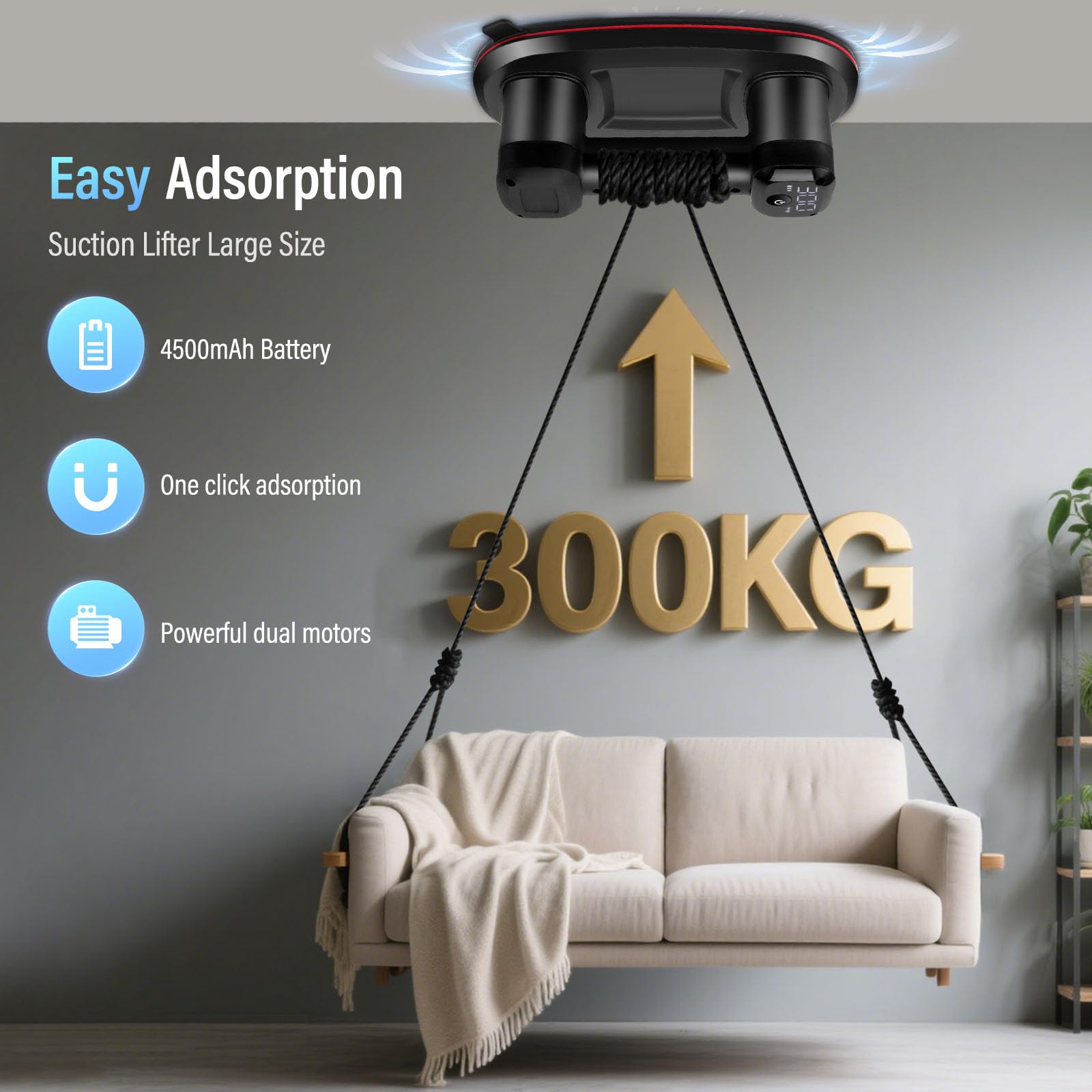 Akku Vakuum Saugheber 300KG, Plattenheber für Terrassenplatten mit 2 * 4500 mAh Akku, Durchmesser 26 cm, Akku Saugheber, Saugkraft Saugheber Fliesen für raue Oberflächen (Schwarz)