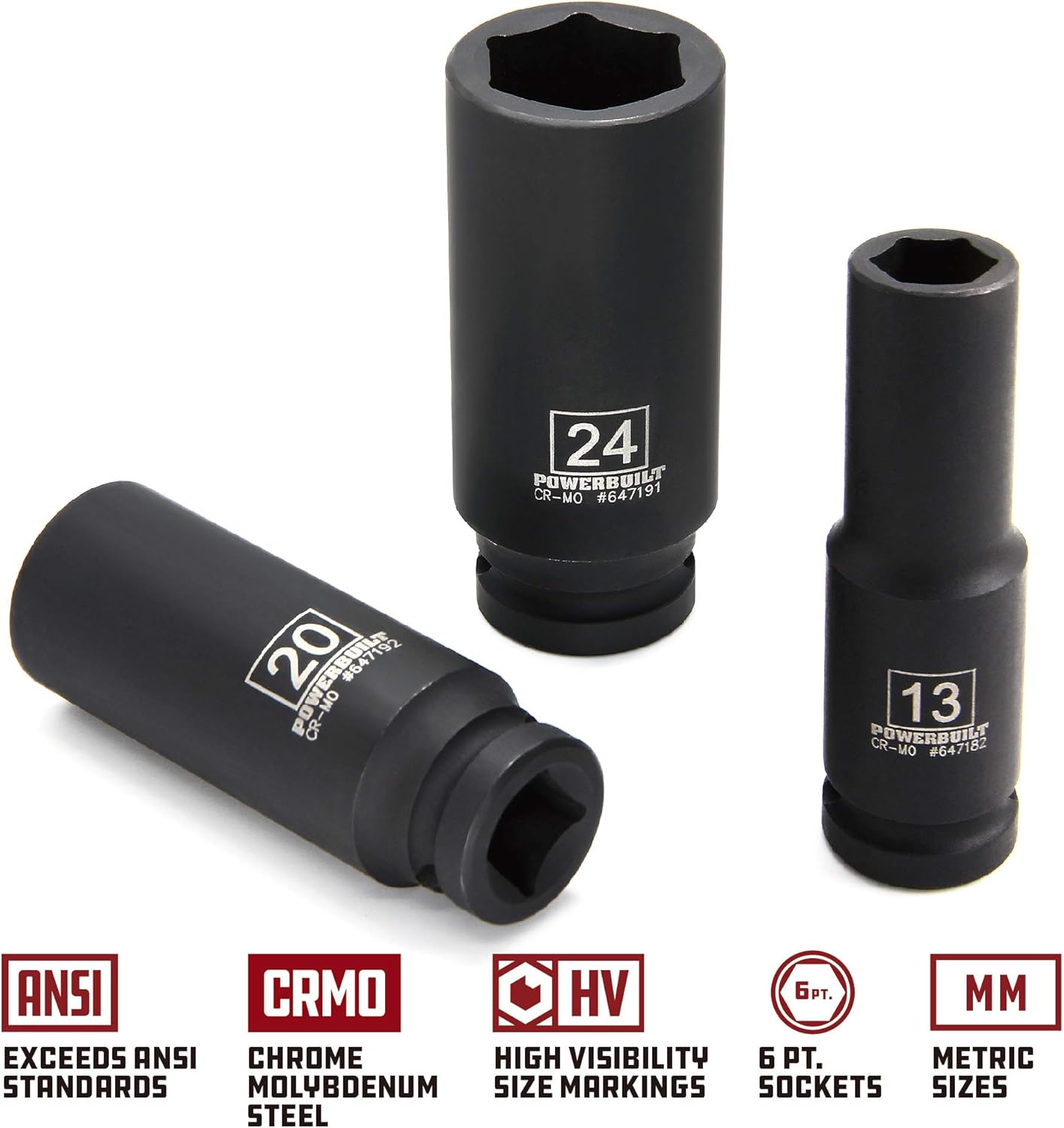 Powerbuilt Metric Deep Impact Socket Set, 1/2 Inch Drive, 6 Point, 11 Pieces, Size Markings, Z-Drive Sockets Grip - Black 647048