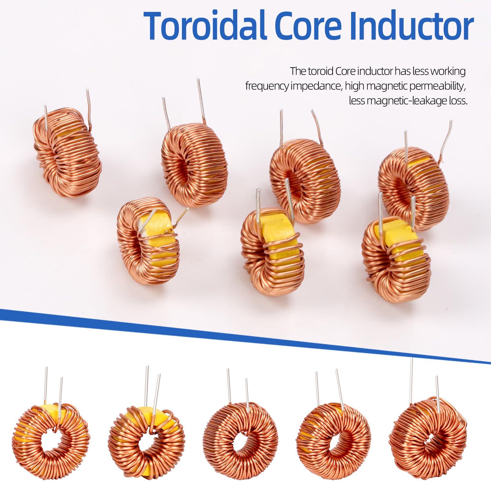 Glarks Lot de 20 inducteurs toroïdes de 5 tailles, 22UH-10A 50UH-5A 100UH-6A 220UH-5A 330UH-3A Bobine de cuivre d'inductance toroïdale, inducteur magnétique toroïde pour transformateurs DIY Circuit