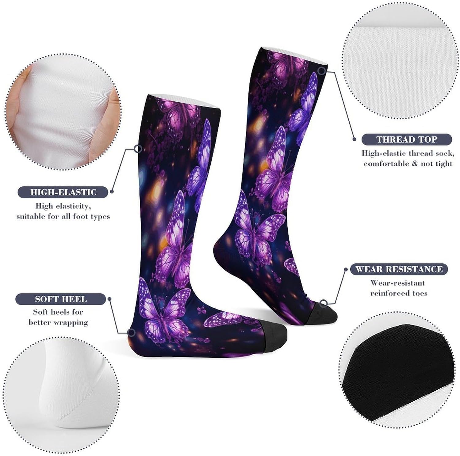 Purple Cute Butterfly Print Compression Socks for Men Women | Funny Novelty Knee High Socks, Breathable Cozy Soft Football Sock, Over The Calf Socks for Casual Work Athletic Sock & Gifts
