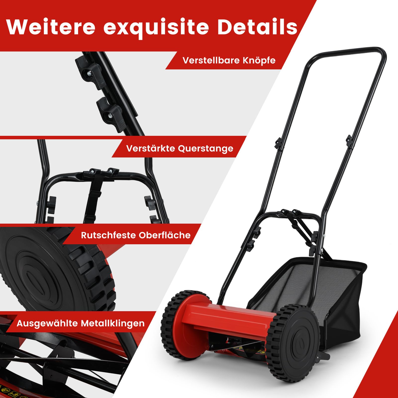 RELAX4LIFE Spindelmäher Hand Rasenmäher mit 30cm Schnittbreite & 5 Messern & 4-stufig Schnitthöheneinstellung 15-40mm & 18,5 Liter Fangkorb, Handrasenmäher Manuell zur Rasenpflege