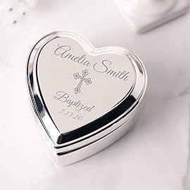 Cherished Moments Personalized Heart Jewelry Keepsake Box with Custom Engraved Cross and Name for Baby Baptism Gift for Girls, Silver Toned