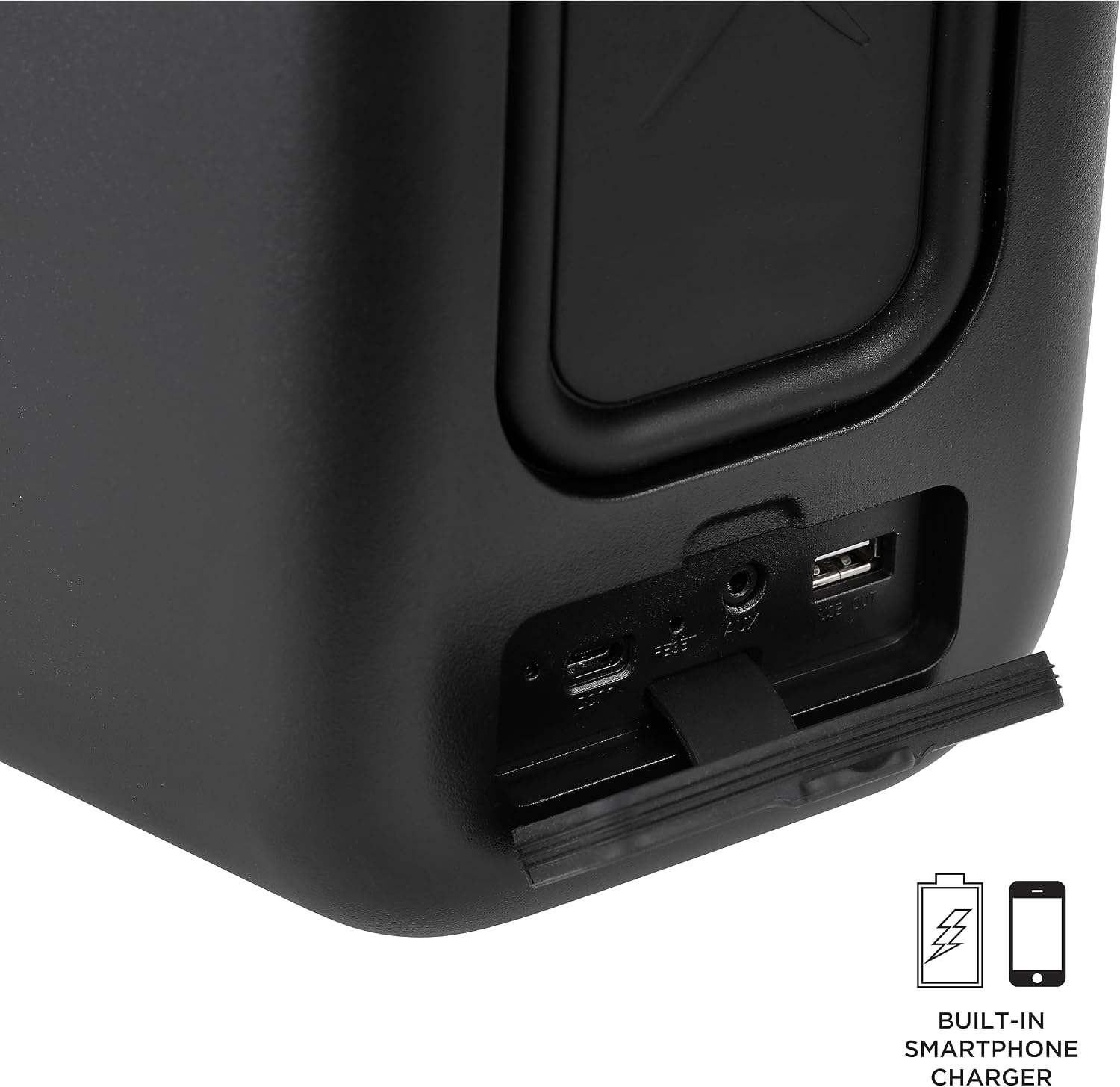 Close-up of the rear ports on the Altec Lansing Shockwave speaker, showing the USB-C charging port, Reset button, AUX input, and USB-A output for charging.