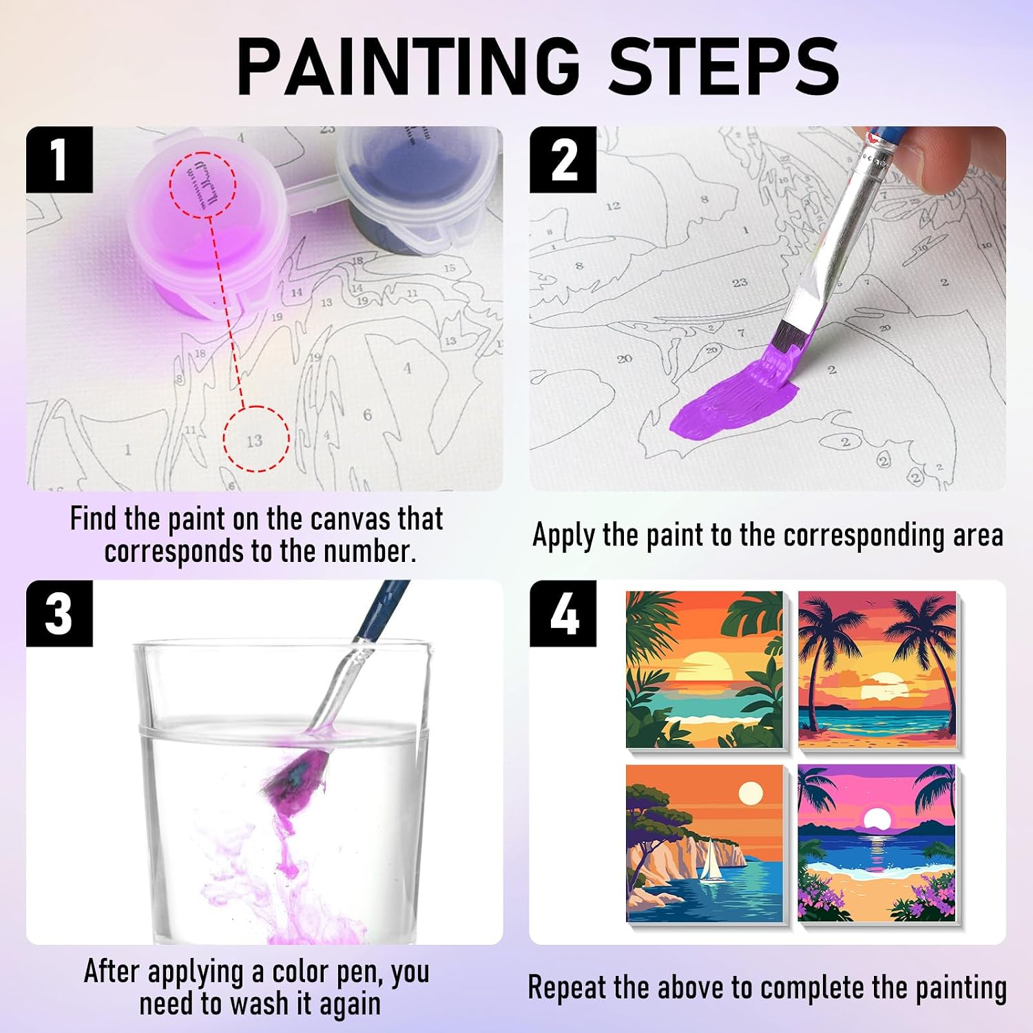 HEIBAGO Framed Paint by Numbers kit for Kids, 4 Pack Landscapes Paint by Numbers for Kids Ages 8-12, Sun Paint by Numbers Kits Children Beginner, DIY Acrylic Oil Painting for Home Wall Decor 8x8 inch