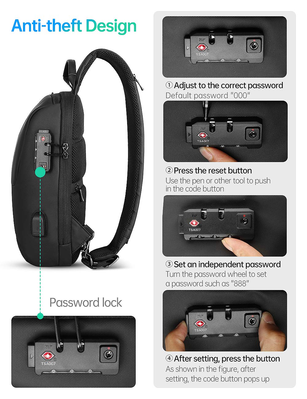 Mark Ryden Bolso Bandolera Antirrobo para Hombre, Bolsos Cruzados con Puerto de Carga USB,Bolso de Pecho Impermeable para Viajes, Trabajo, Escolar, Negocios-negro