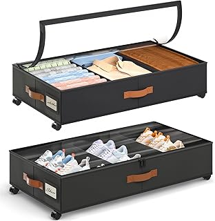 Yecaye Under Bed Storage with Wheels, 2 Pack Under Bed Storage Containers with Adjustable Dividers & Clear Window, Rolling Underbed Organizer Bins Drawers for Clothes, Shoes, Blankets Toys, Black