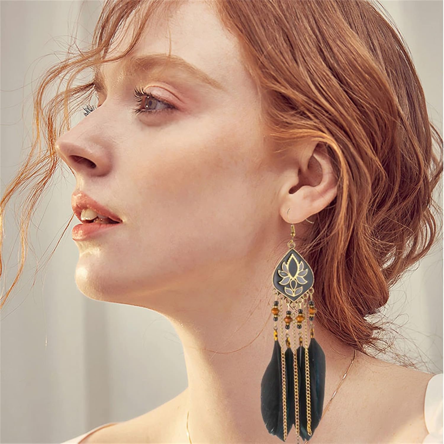 MALOYANVE Punk Vintage Long Tassel Feather Earrings for Women Bohemian Handmade Natural Pendant Earring Fish Hook Earrings Vintage Boho Multicolor Tassel Feathers Dangle Drop Earrings Jewelry - Image 2