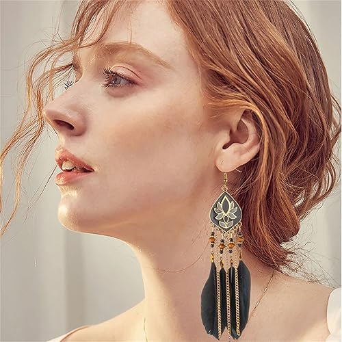 Vista 2 de MALOYANVE Pendientes de plumas con borla larga estilo punk vintage para mujer, bohemios, hechos a mano, naturales, aretes de gancho de pez