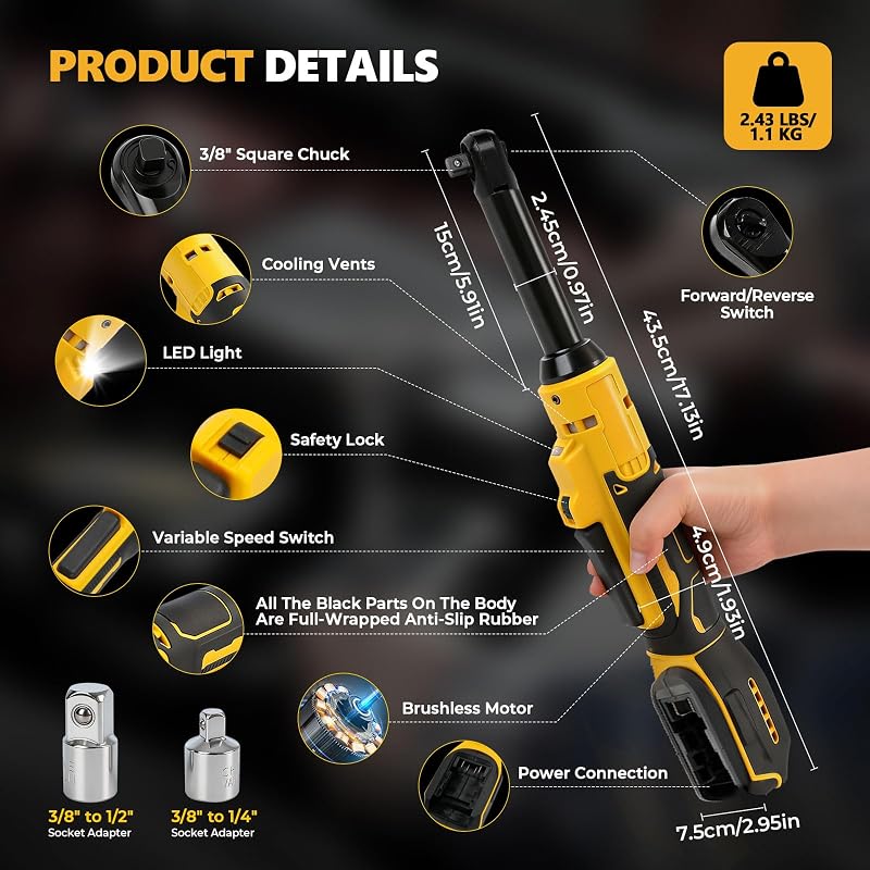 Cheie cu clichet fără perii, cu acumulator, 3/8", mâner de 16 cm, pentru DeWalt 18V 20V, LED, 300 rpm, 80 Nm, fără acumulator