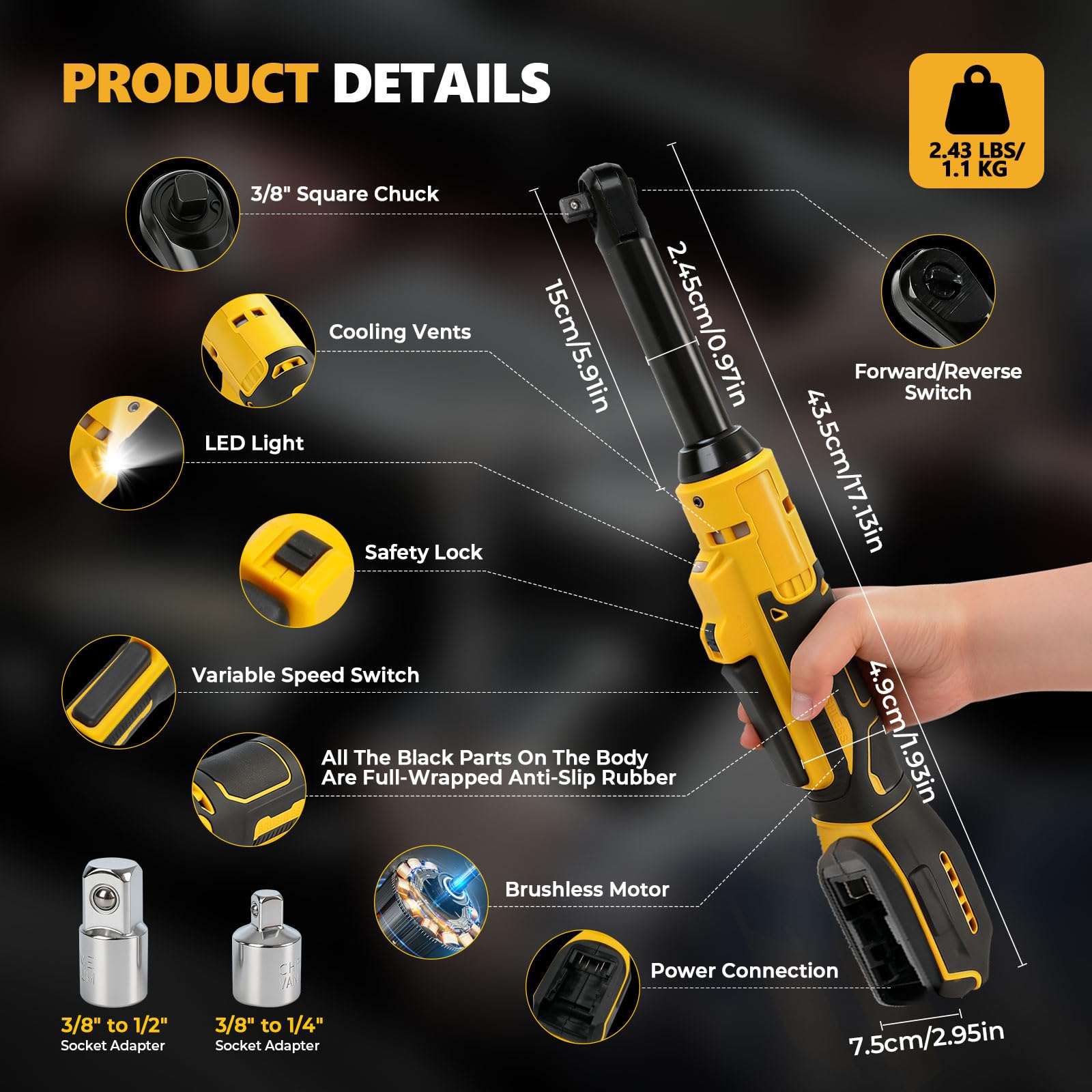 Llave de carraca con batería para Dewalt 18 V 20 V, 3/8 pulgadas sin escobillas, accionamiento eléctrico extendido de 16 cm de largo, llave de carraca con luz LED, 300 rpm, 80 Nm (sin batería)