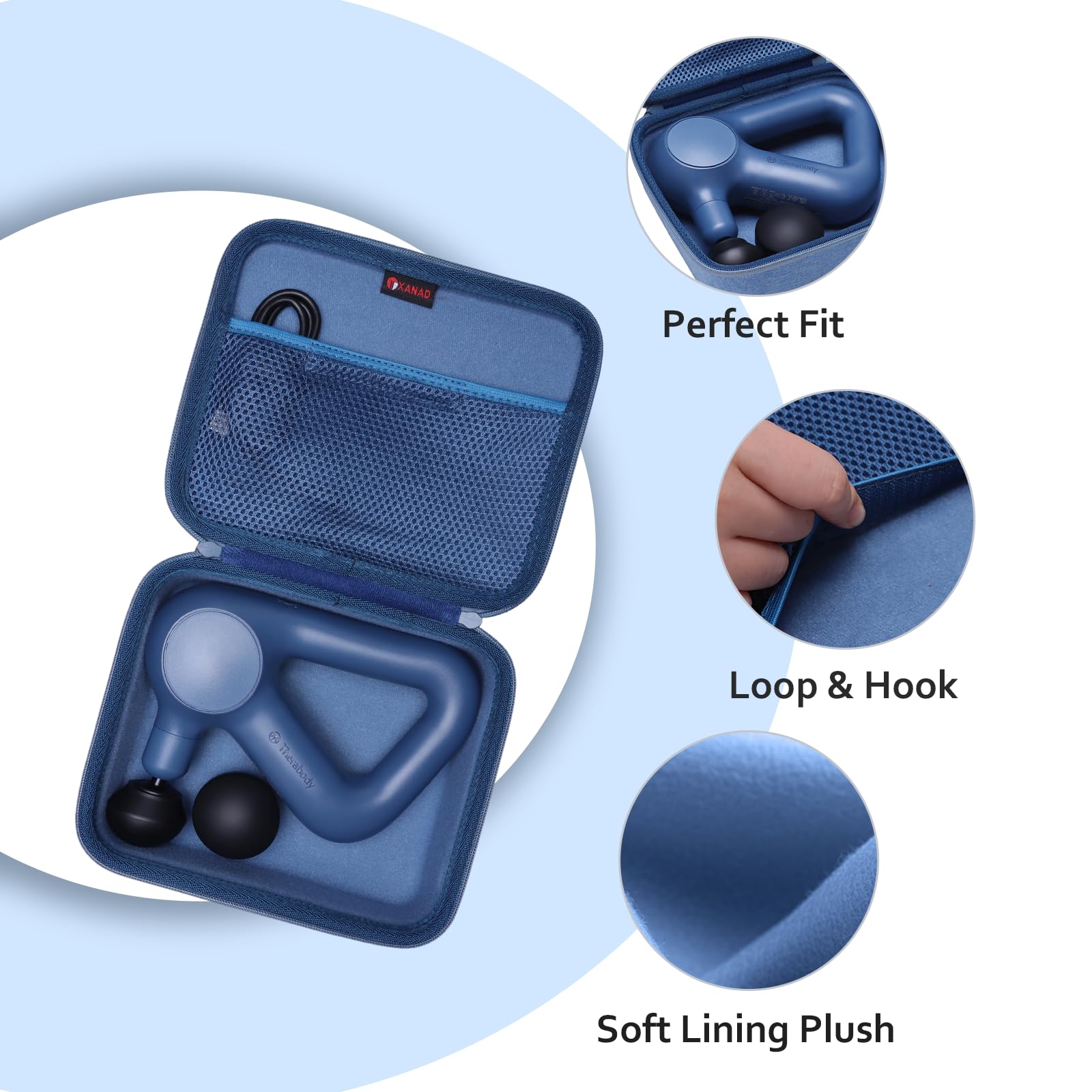 XANAD Funda para pistola de masaje compatible con pistola de masaje de percusión de mano TheraGun, cuello, espalda, pierna/hombro, azul interior: 21 x 17,5 x 6 cm