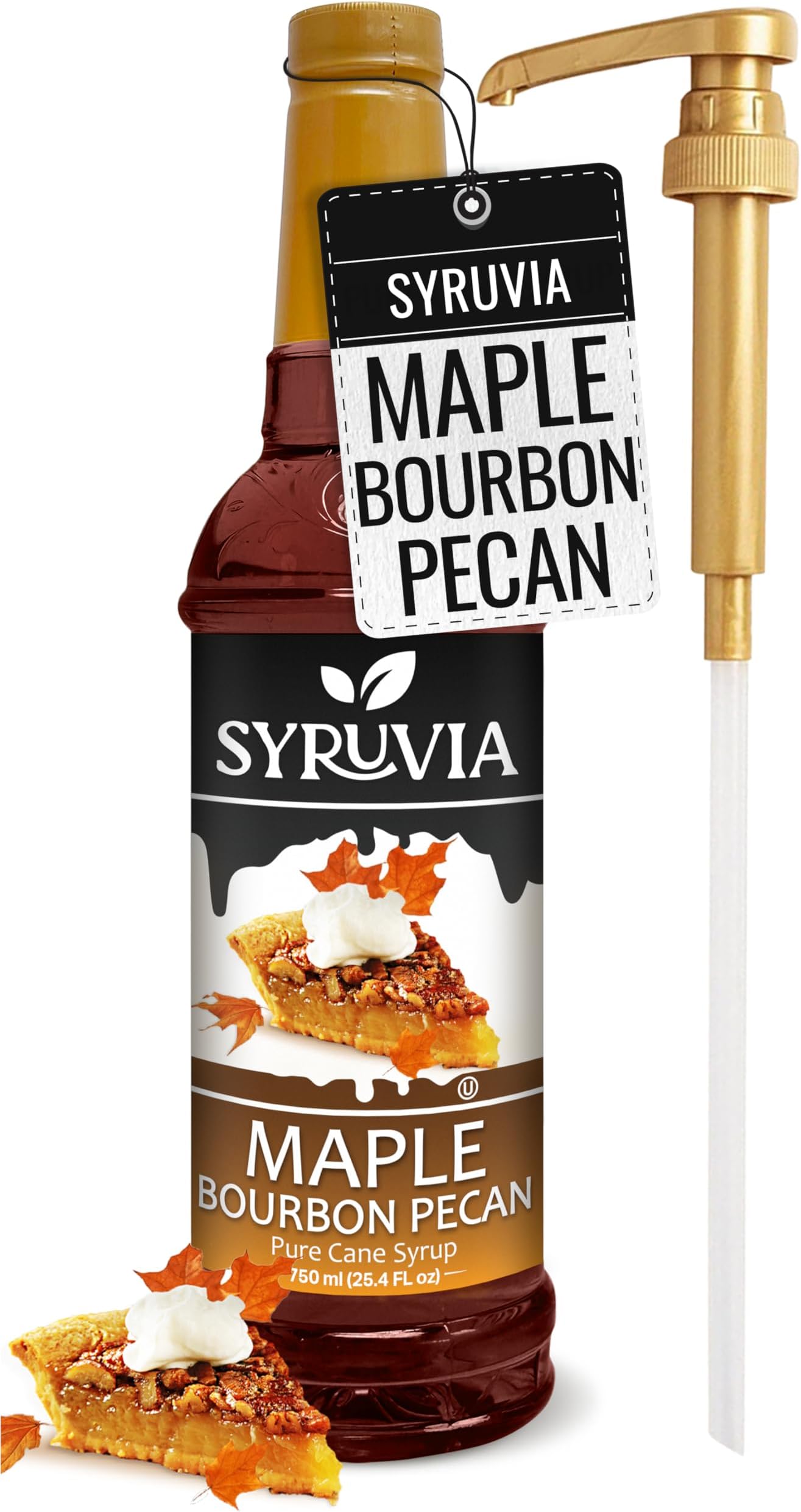 Syruvia Coffee Syrup, Maple Bourbon Pecan Flavored Syrup for Drinks, Lattes, and Desserts – 25.4 fl oz, With Pump