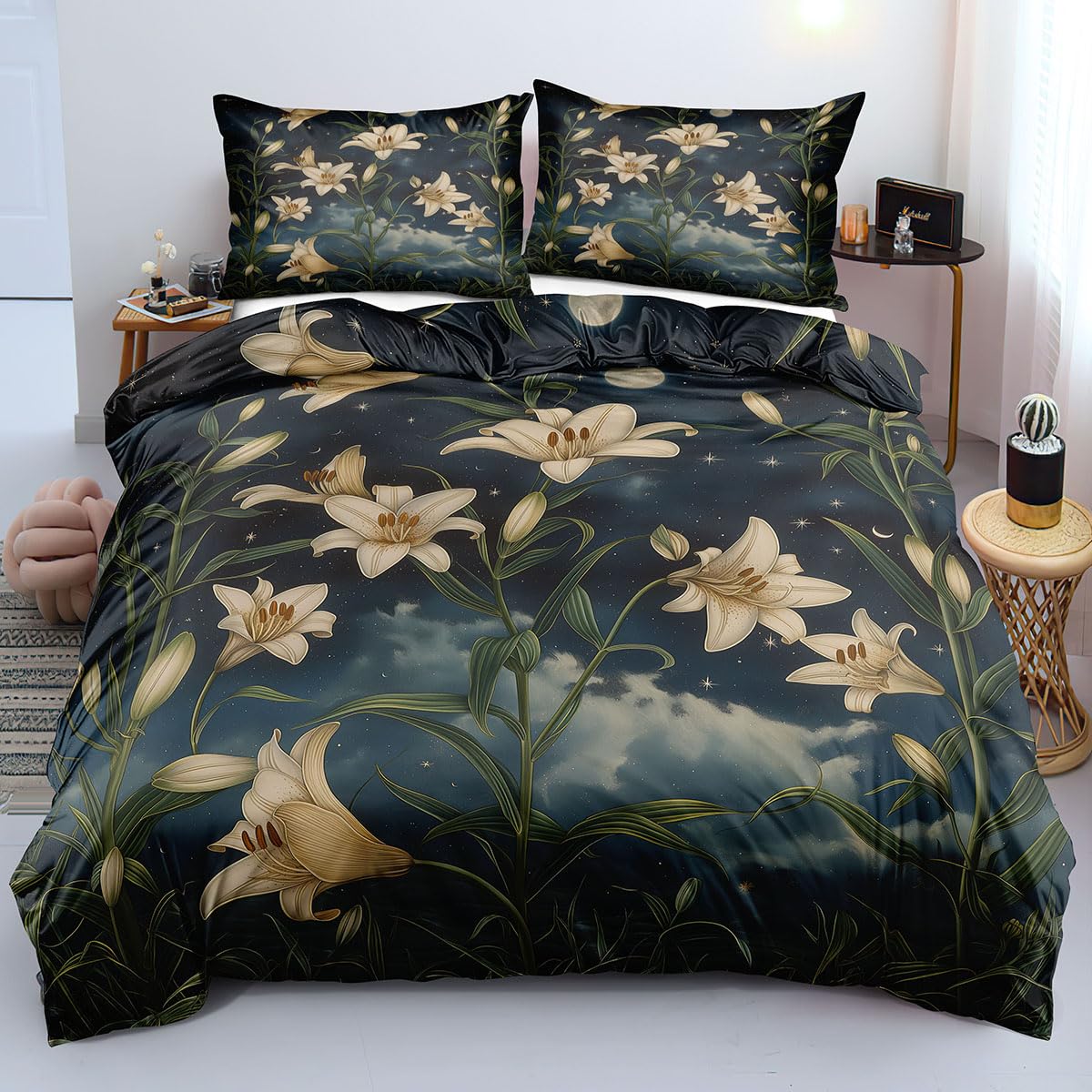 Housse de couette 240x220 facile d'entretien et réversible au motif floral de lys blanc