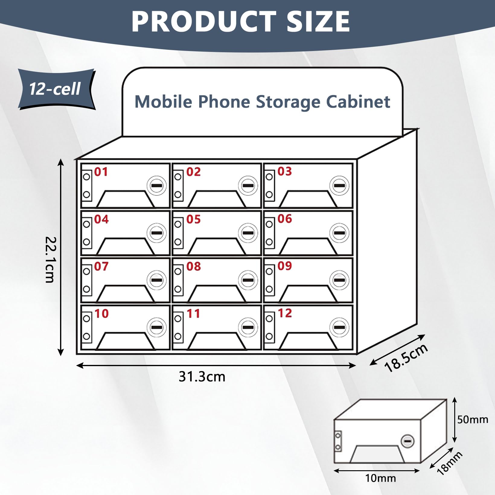 Guarda-Móviles 12 Compartimentos, Caja Guarda-Móviles de Pared con Llave y Puerto Carga, Armario de Carga para Teléfonos Móviles con Pulsera y Placa Identificativa, para Colegios y Fábricas