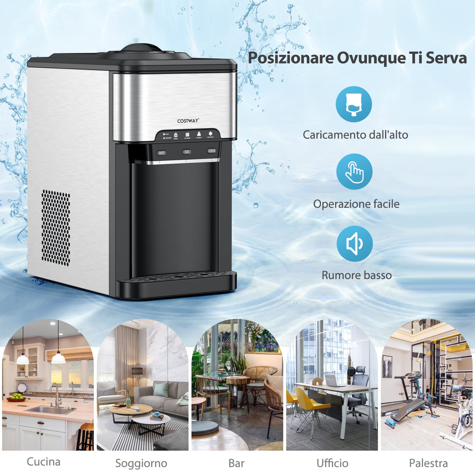 COSTWAY Erogatore Acqua 3 in 1, con Macchina del Ghiaccio, Dispender Acqua con 3 Impostazioni di Temperatura Caldo/Freddo/Ghiaccio, Regge Bottiglie 10-20 L, per Casa Ufficio Dormitorio