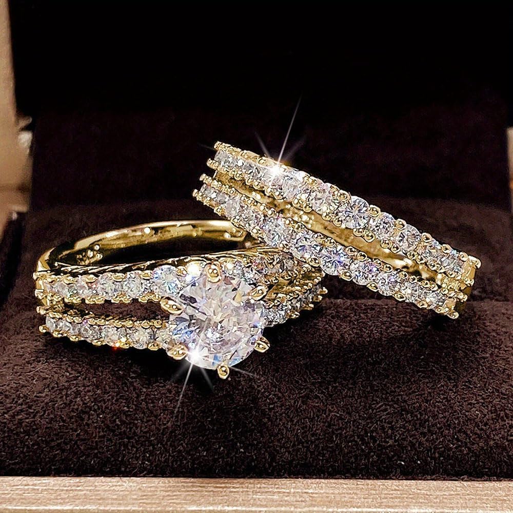 2pcs/set White Golden Plated Cubic Zirconia Stackable Engagement Rings Wedding Bridal Band Promise Rings Evening Parties Anniversary Valentine's Day Gifts Eternity Bands for Women