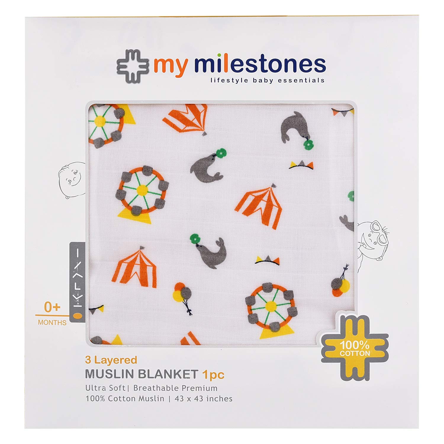 My Milestones 100% Cotton Muslin Baby Blanket - 4 Layered (43x43 inches) - Carnival Orange Print 4