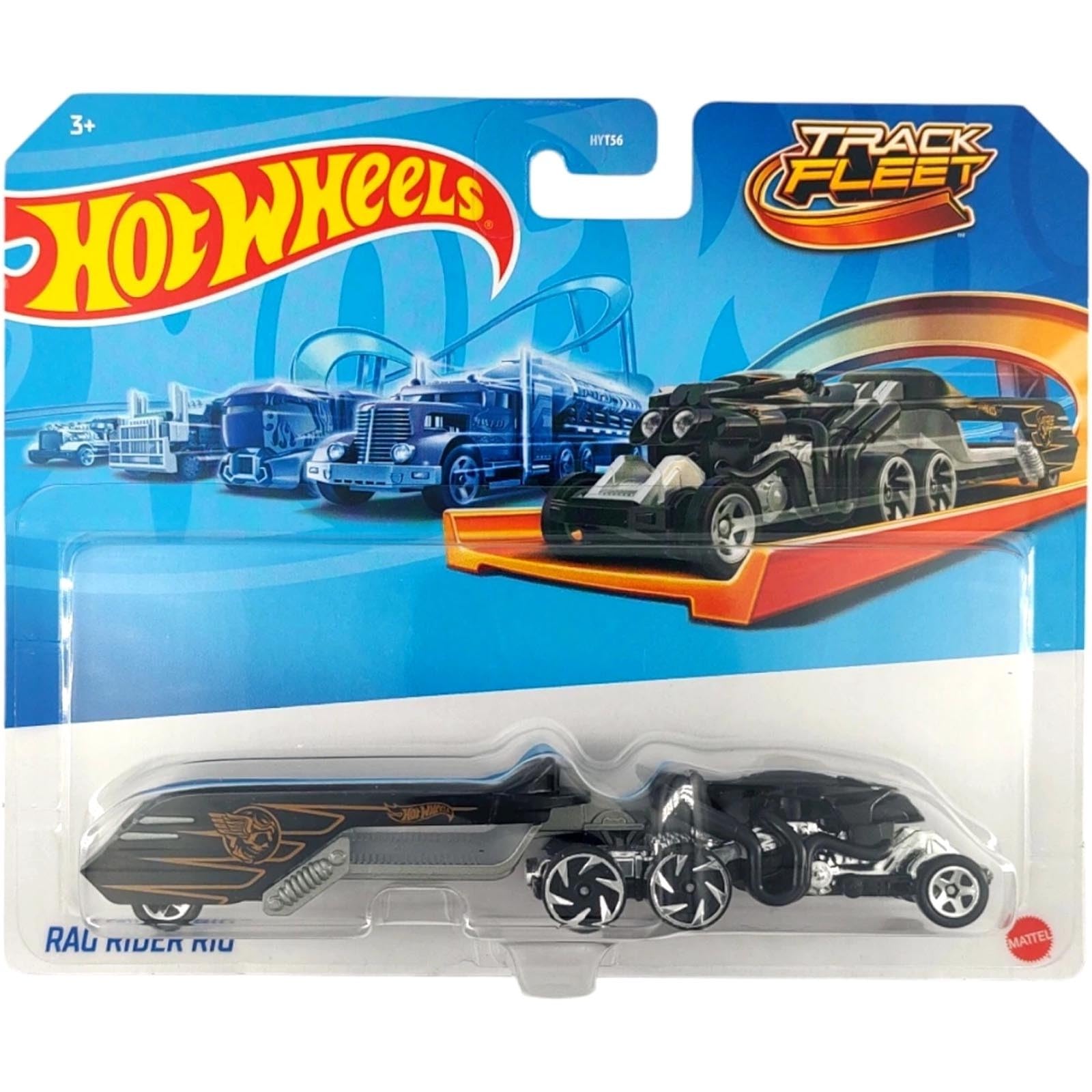 Hot Wheels Track Fleet, 1:64 Rag Rider Rig Die-Cast Toy Vehicle, Combined Cab & Trailer That Works On Tracks 3 Years & Above, Black