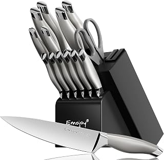 Knife Set with Block, 15 Pieces Kitchen Knife Set with Built-in Sharpener, German Stainless Steel Sharp Chef Knife Set with Hollow Handle, Dishwasher Safe and Rust Proof