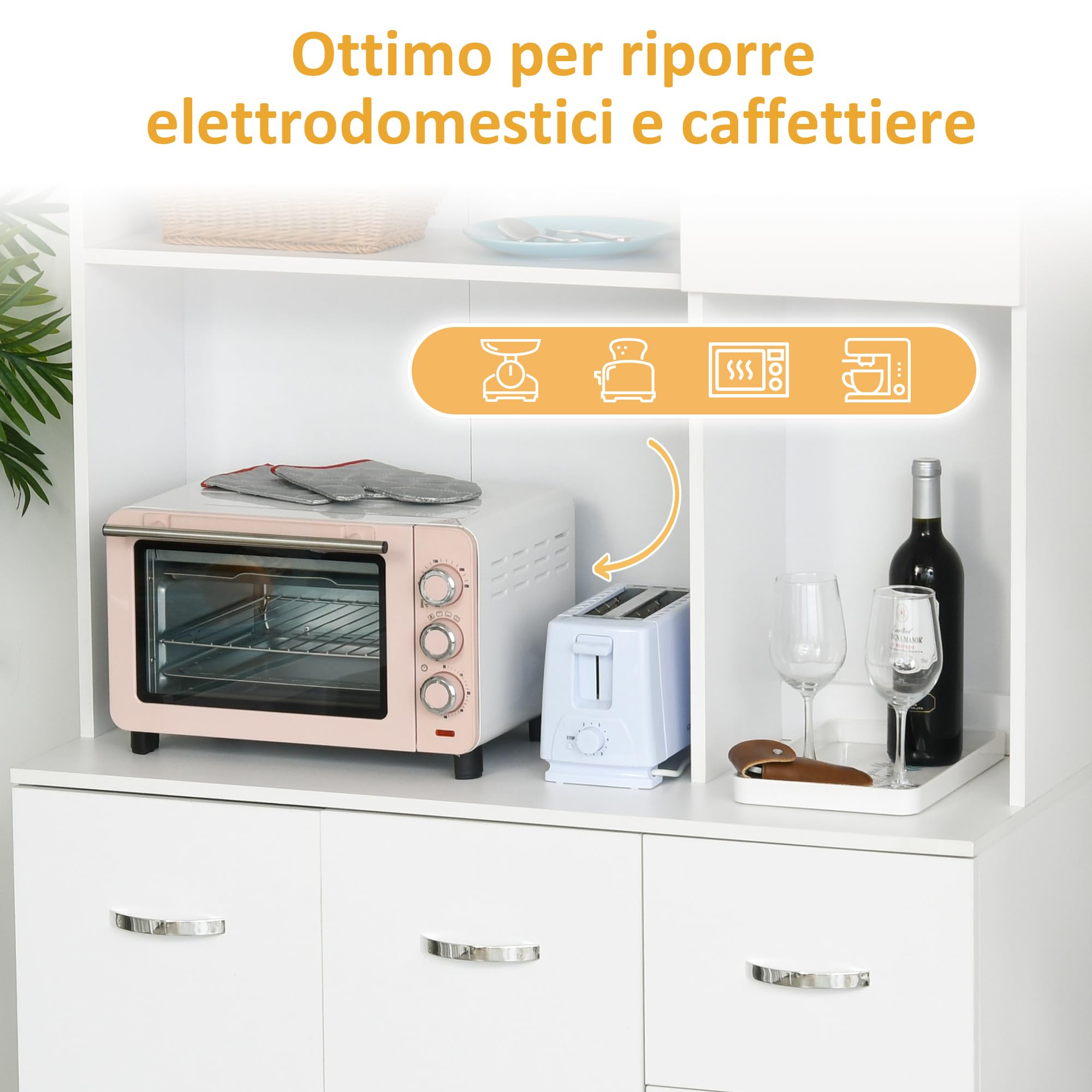 HOMCOM Credenza Alta Moderna con Cassetti e Armadietti, Mobile Cucina per Microonde con Ripiani Aperti, 100x39.5x183.5cm, Bianco