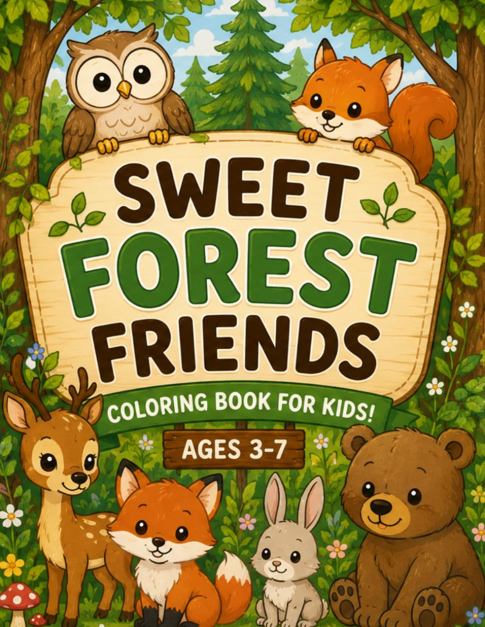 Sweet Forest Friends coloring book: Easy and Cute animal coloring pages for kids 3-7