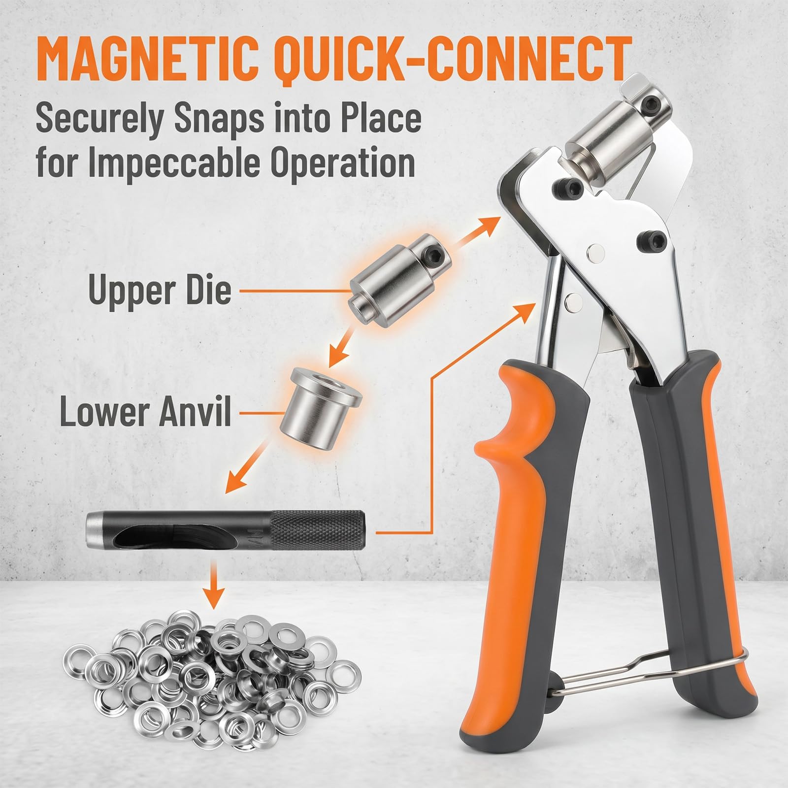 Kit de Ojales Metalicos con 200 Ojetes Metálicos (Ø10mm), Remachadora de Ojales con Alicates de Ojales y Perforadora, Herramienta Manual para Lona Cuero PVC Tela