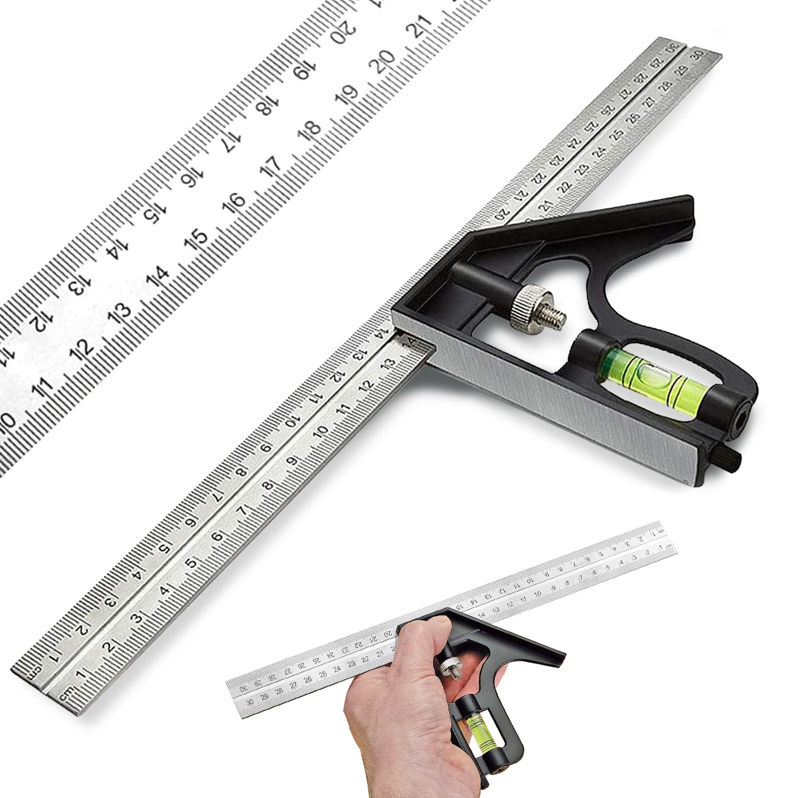 Square Ruler Tool Set, Combination Square Carpentry Tools with 12Inches/300mm Scale, 45/90 Degree Ruler with Bubble Level