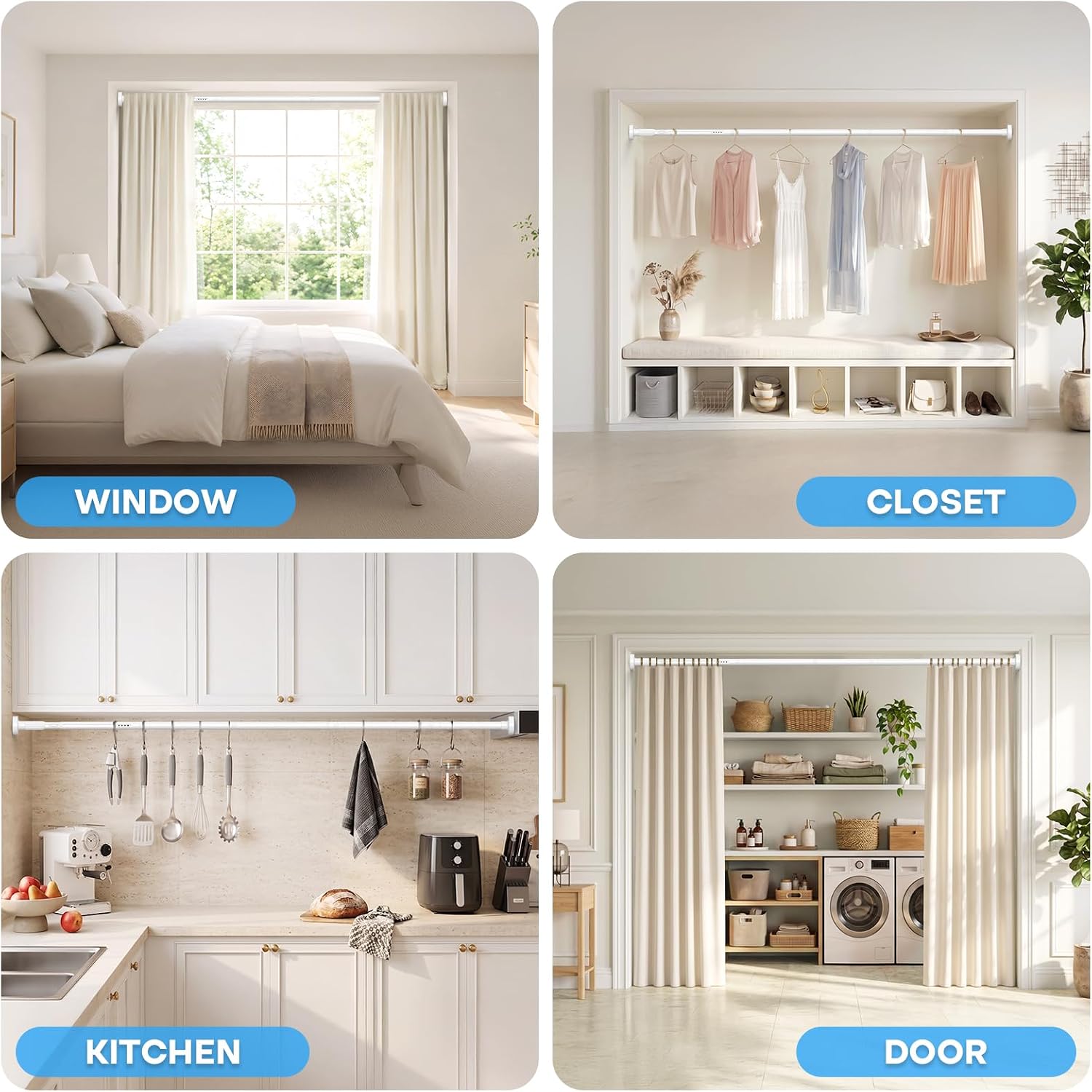 Tension Curtain Rod 20.2-93 Inches White Extendable Curtain Rod