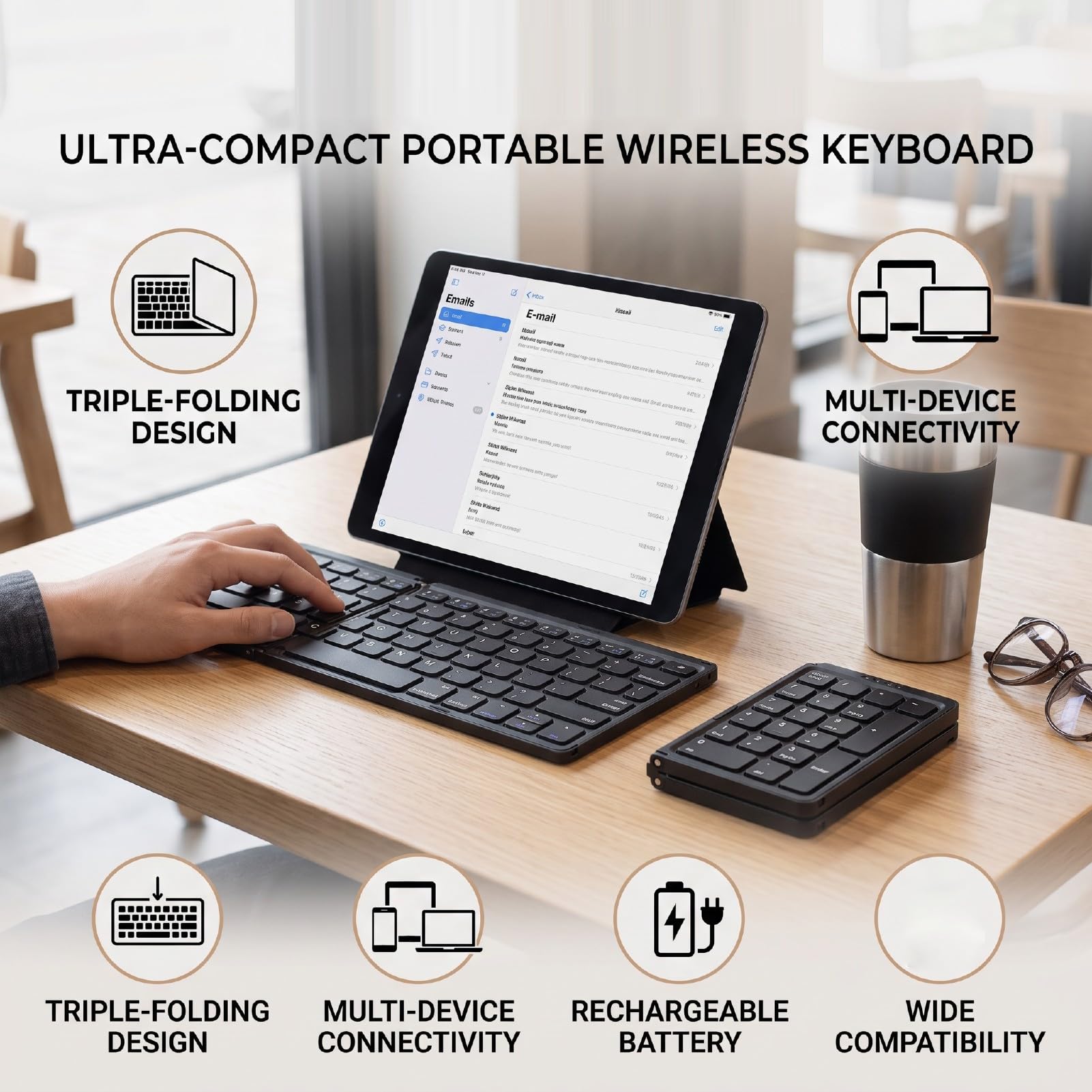 XUMIUZIY Tastiera Bluetooth Tripla Pieghevole, Fino a 3 Dispositivi (BLACK)